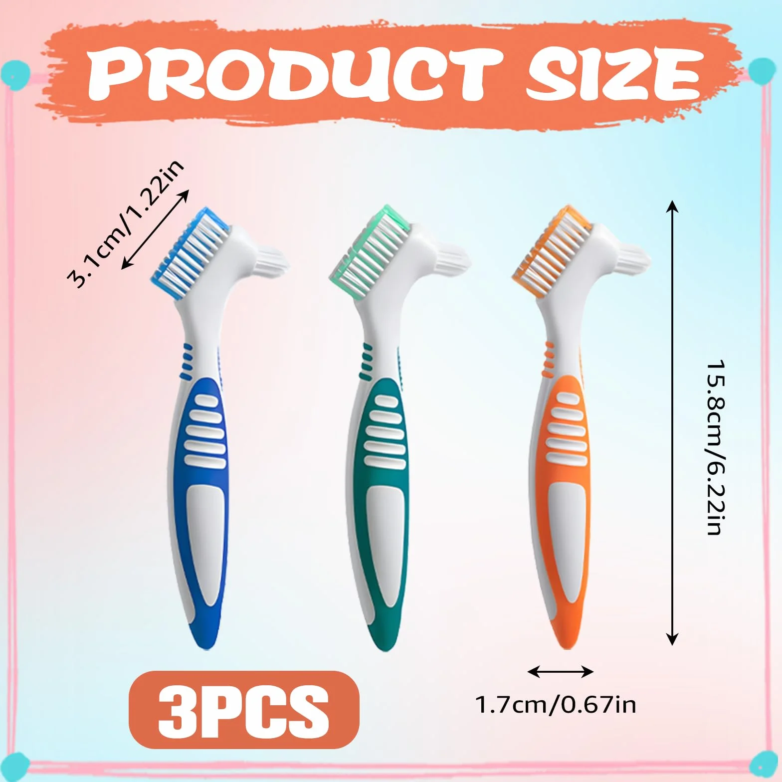 3 sztuki twardych szczoteczek do protez, przenośna szczoteczka do protez, dwustronna szczoteczka do protez z ergonomicznym gumowym uchwytem (niebieska)