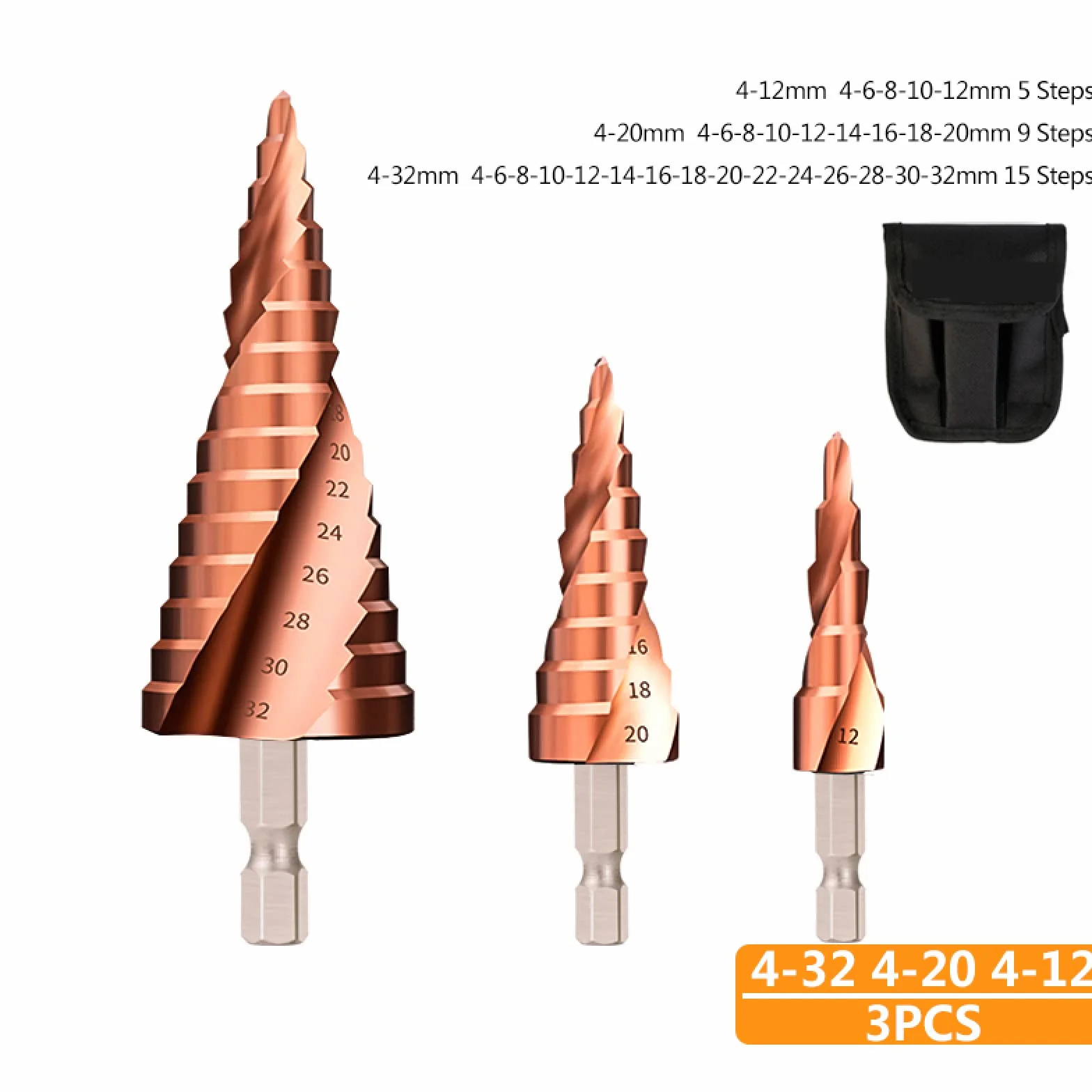 Wiertła Wiertło stożkowe stopniowe 1/4 chwyt TiCN wiertło stopniowe 4-12/20/32mm wycinak otworów narzędzie do wiercenia w metalu, 4-12mm(3pcs set)