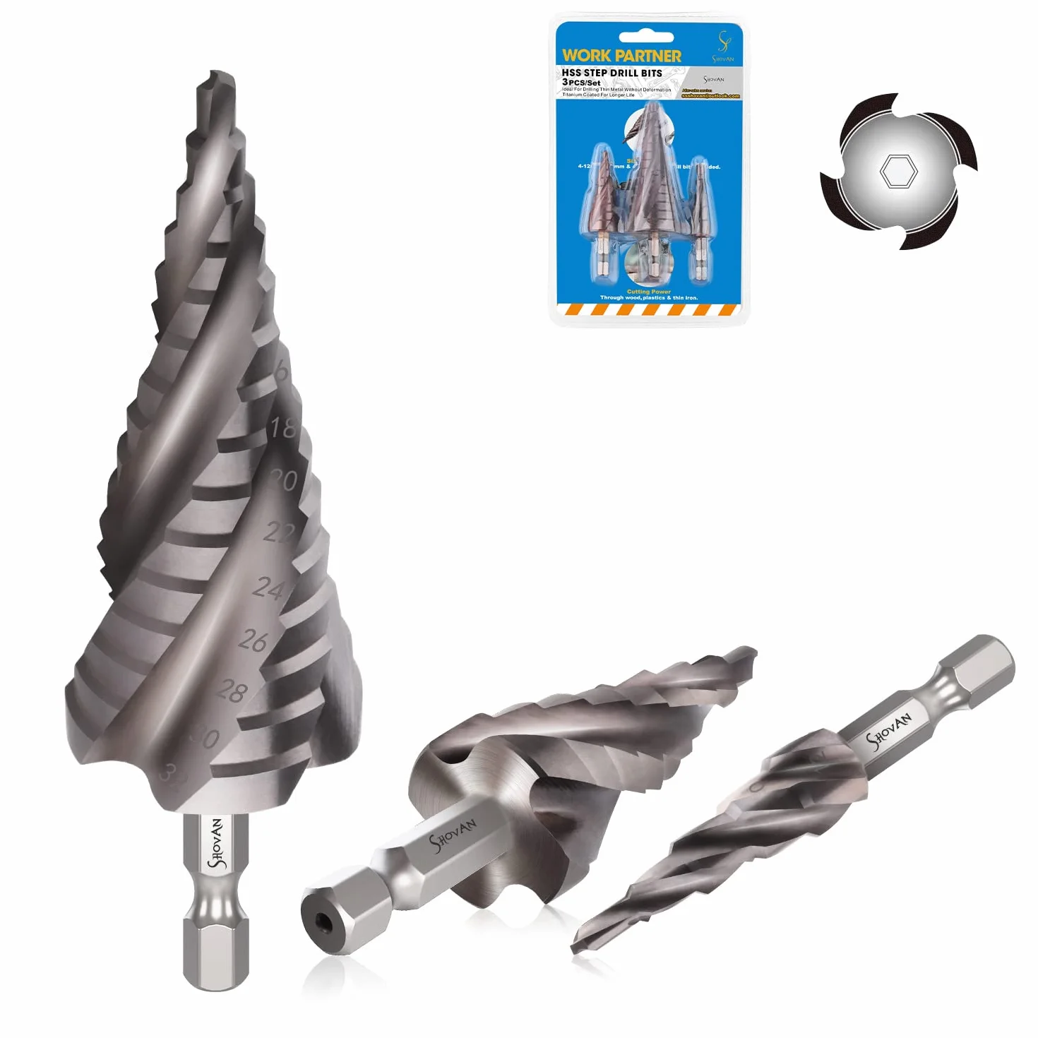 3-częściowy zestaw wierteł stopniowych HSS ze stali szybkotnącej (4-12 mm, 4-20 mm i 4-32 mm) Cone Drill bity do otworów do blachy do drewna i stali nierdzewnej (4-flet New)