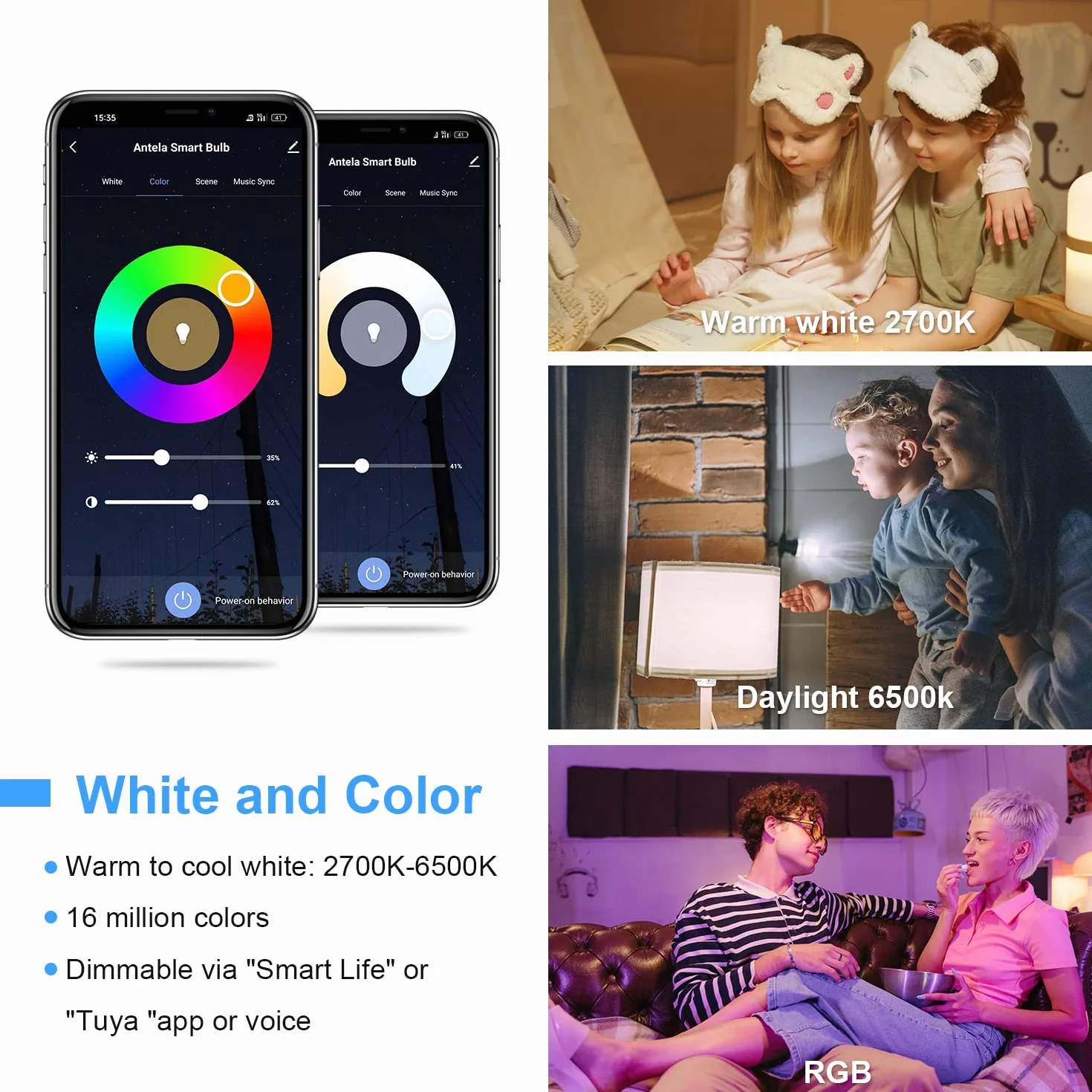 Smart Bulb Żarówka Alexa E27 Smart LED 4 sztuki, ściemniana lampa ANTELA Smart, 9 W, 806 ml, odpowiednik 80 W, RGB, 2700 K - 6500 K, ciepła biel, kompatybilna z Alexa i Google Home