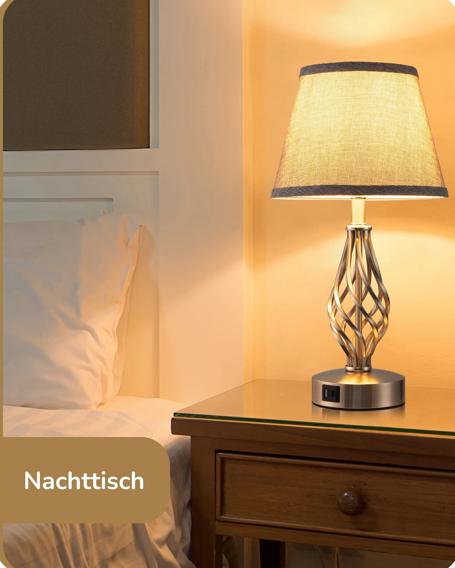 EDISHINE Lampka nocna LED, dotykowa, ściemniana, zestaw 2 szt., nowoczesna lampa stołowa z funkcją ładowania, 2 porty USB, do dekoracji sypialni, salonu, na parapet, prezent, abażur lniany, szara