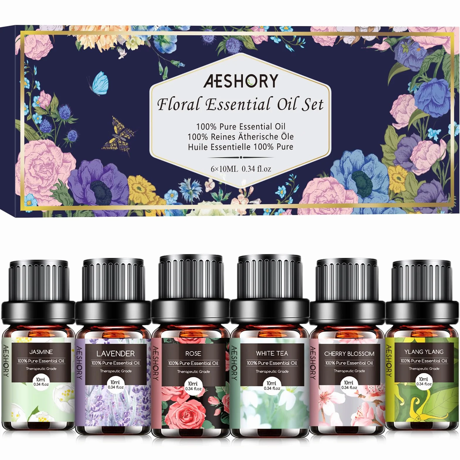 Aeshory Zestaw Olejków Eterycznych Kwiatowych 6 X 10 Ml, 100% Naturalnych Olejków Eterycznych Kwiatowych Do Nawilżacza Z Dyfuzorem - Lawenda, Róża, Jaśmin, Kwiat Wiśni, Biała Herbata, Ylang Ylang