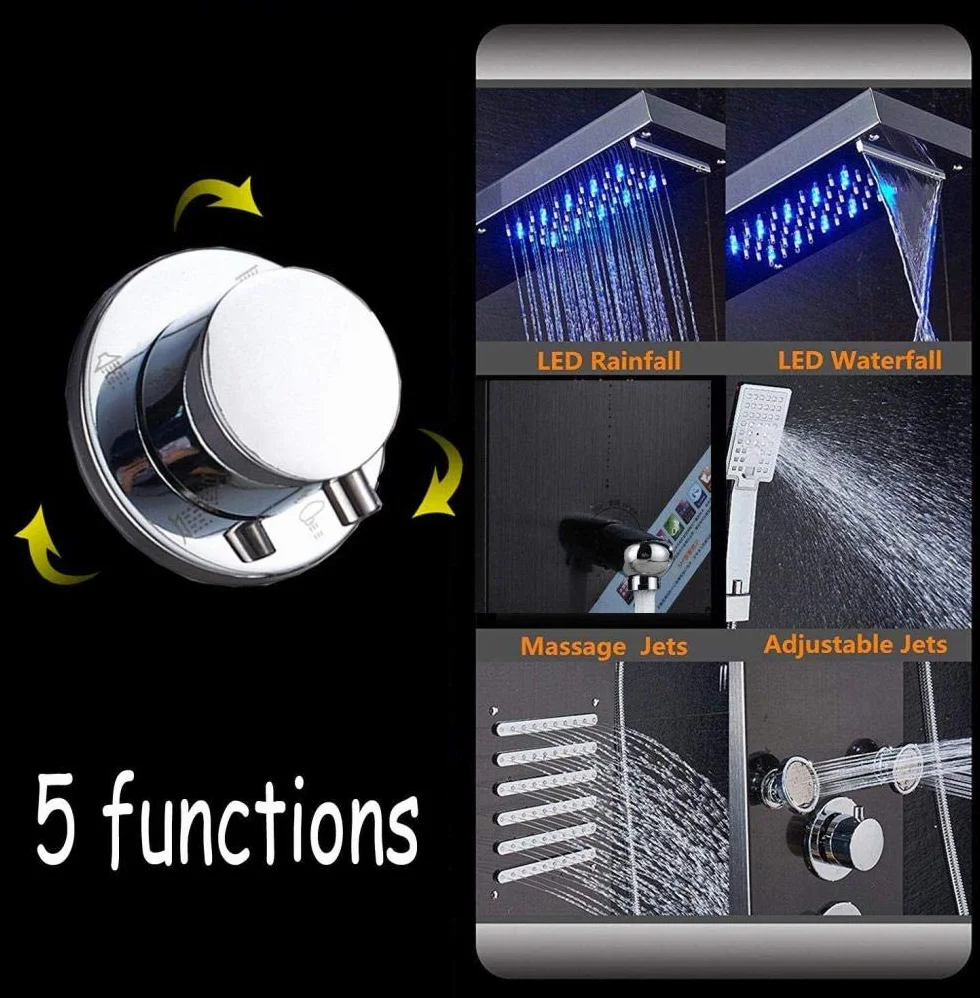 Czarny system prysznicowy bateria prysznicowa z wyświetlaczem temperatury wody LED zestaw prysznicowy z wodospadem głowica prysznicowa prysznic ręczny i dysza do masażu ciała do łazienki
