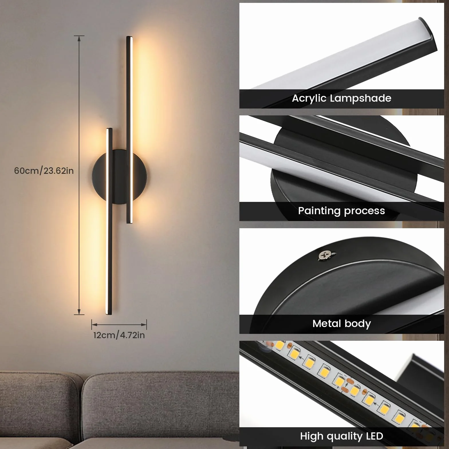 Riserva Lampa ścienna LED, 24 W, czarna, nowoczesna, 3000 K, ciepła biel, liniowe oświetlenie ścienne do salonu, kuchni, korytarza, klatki schodowej, 60 cm