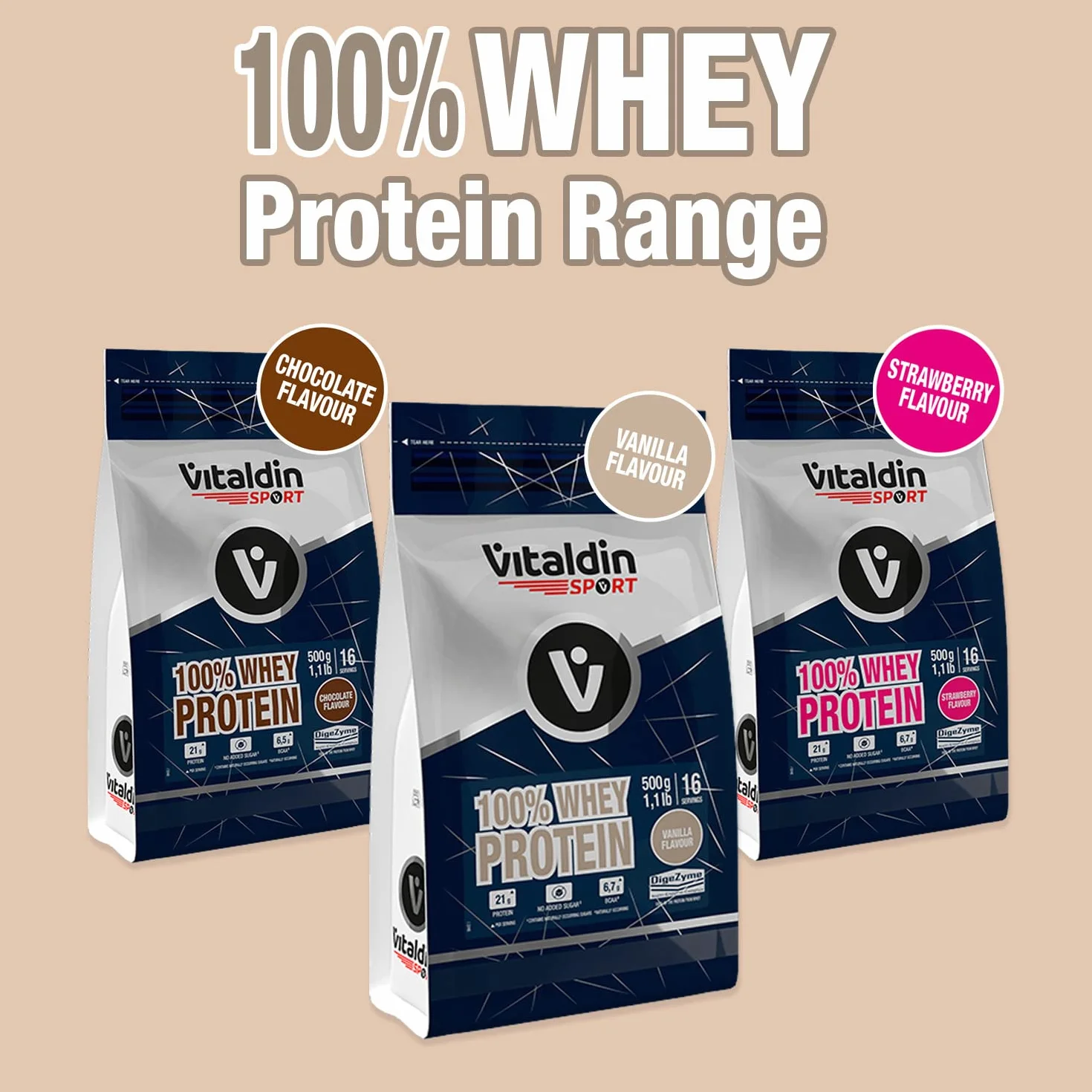 VITALDIN SPORT 100% Whey Protein Vanilla 500 g – 100% białko serwatkowe w proszku z Digezyme – budowa mięśni i regeneracja – smak waniliowy – 6,7 g BCAA na porcję – bez dodatku cukru
