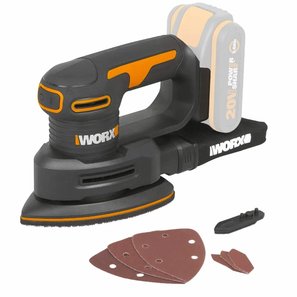 WORX WX822.9 Akumulatorowa Szlifierka Trójkątna, Elektryczna Szlifierka 20 V, do Mebli Drewnianych, Drzwi, Narożników i Krawędzi, bez Akumulatora i Ładowarki