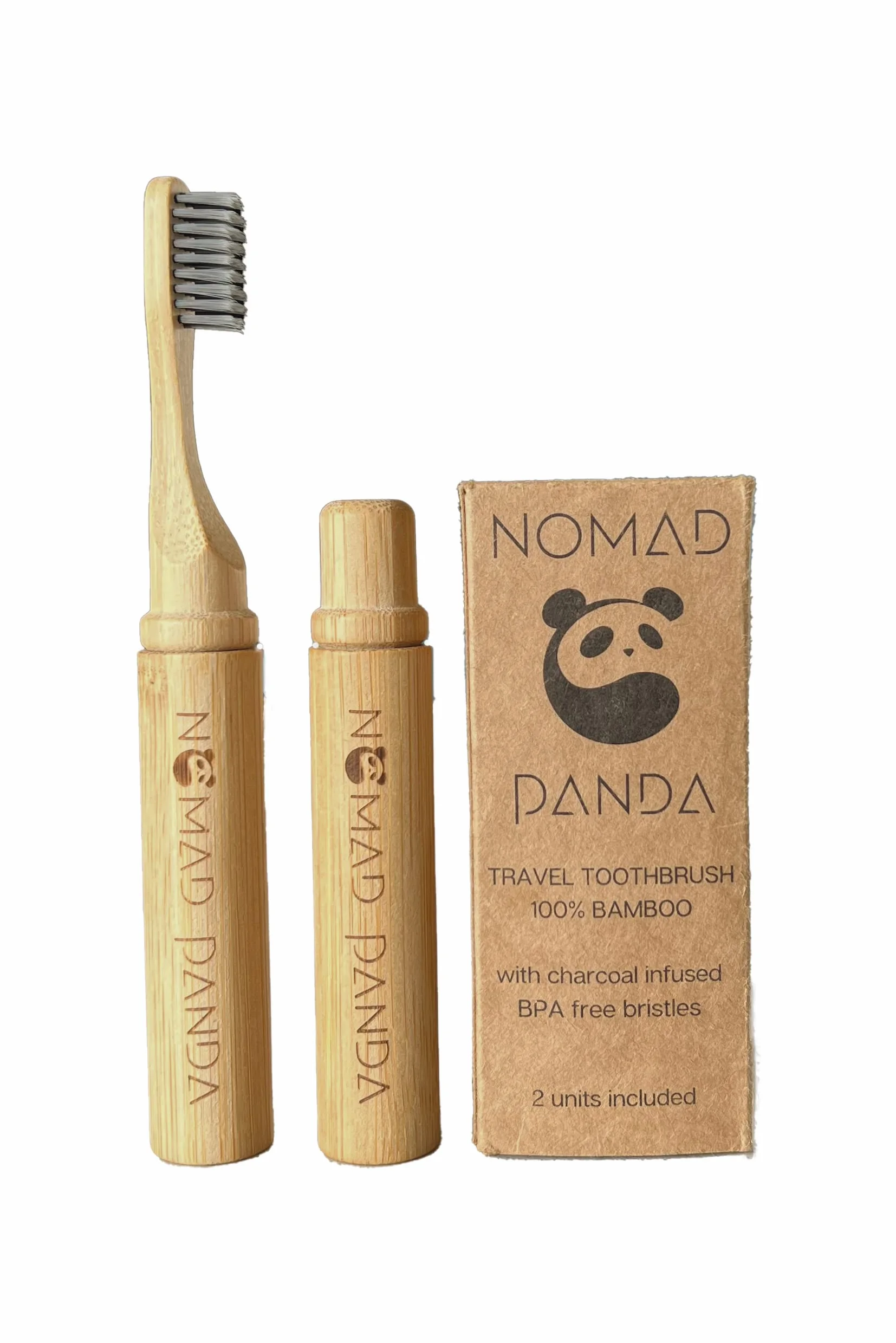 NOMAD Panda bambusowa szczoteczka do zębów, bambusowe etui, szczoteczka do zębów z uchwytem na szczoteczki do zębów, przyjazna dla środowiska podróżna szczoteczka do zębów, składana, przenośne etui na