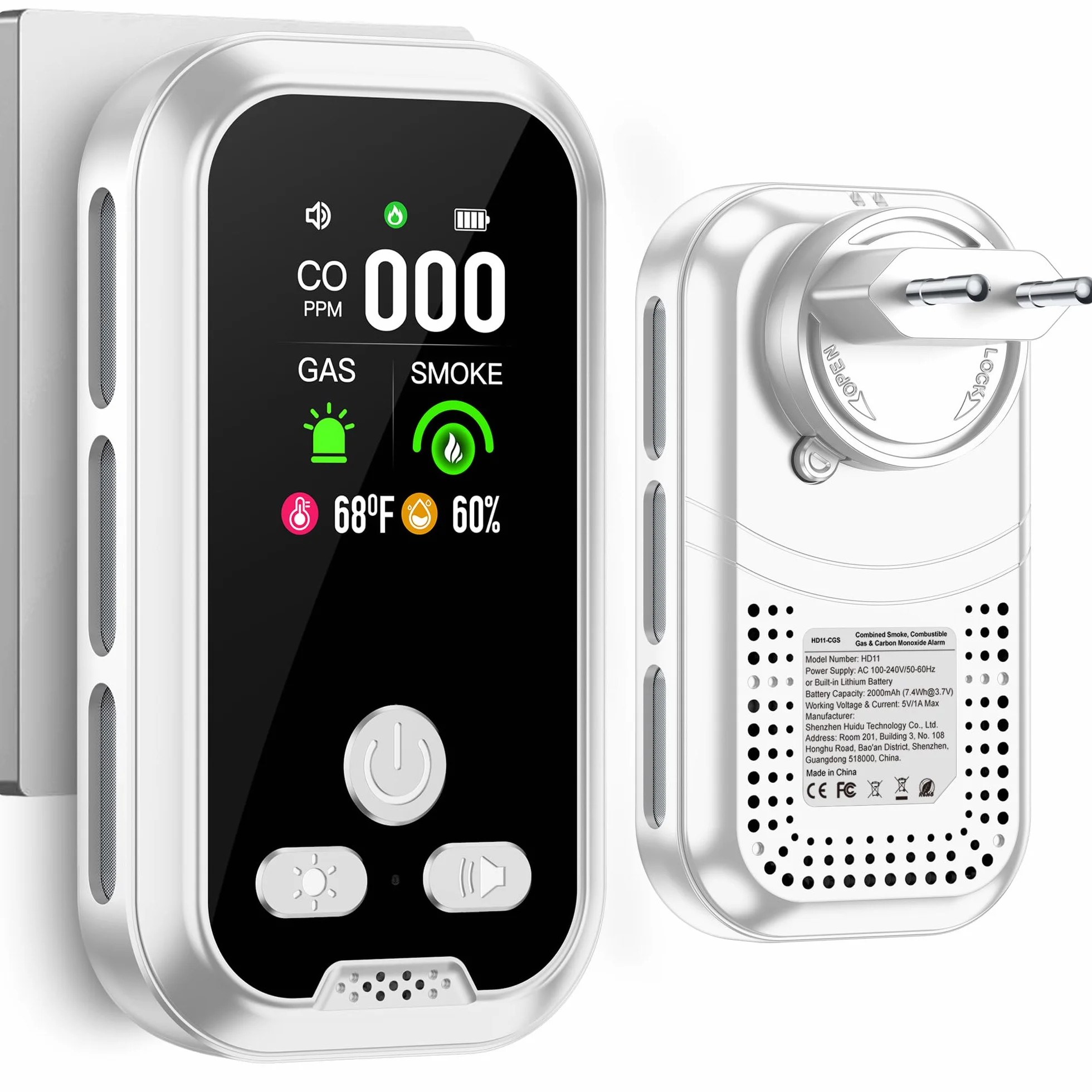 Czujnik dymu Gedsffati Plug in 5w1 Wykrywacz tlenku węgla Kombinacja detektora gazu z akumulatorem 2000mAh ekran HD 2.1 cala CO Monitor temp wilgotności gazu dymu Plug&Play biały