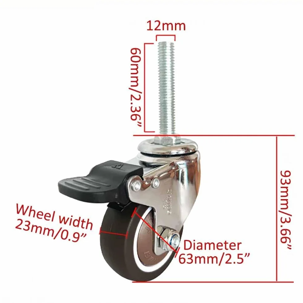 M12x60mm Kółko Meblowe Z Gwintowanym Trzpieniem, Zestaw 4 Sztuk, 2/2,5/3/4 Cala Obrotowe Kółka Samonastawne Z Hamulcem, Blokujące Koło Zapasowe Do Wózka, Bezgłośne Gumowe Kó, 2.5"/63mm