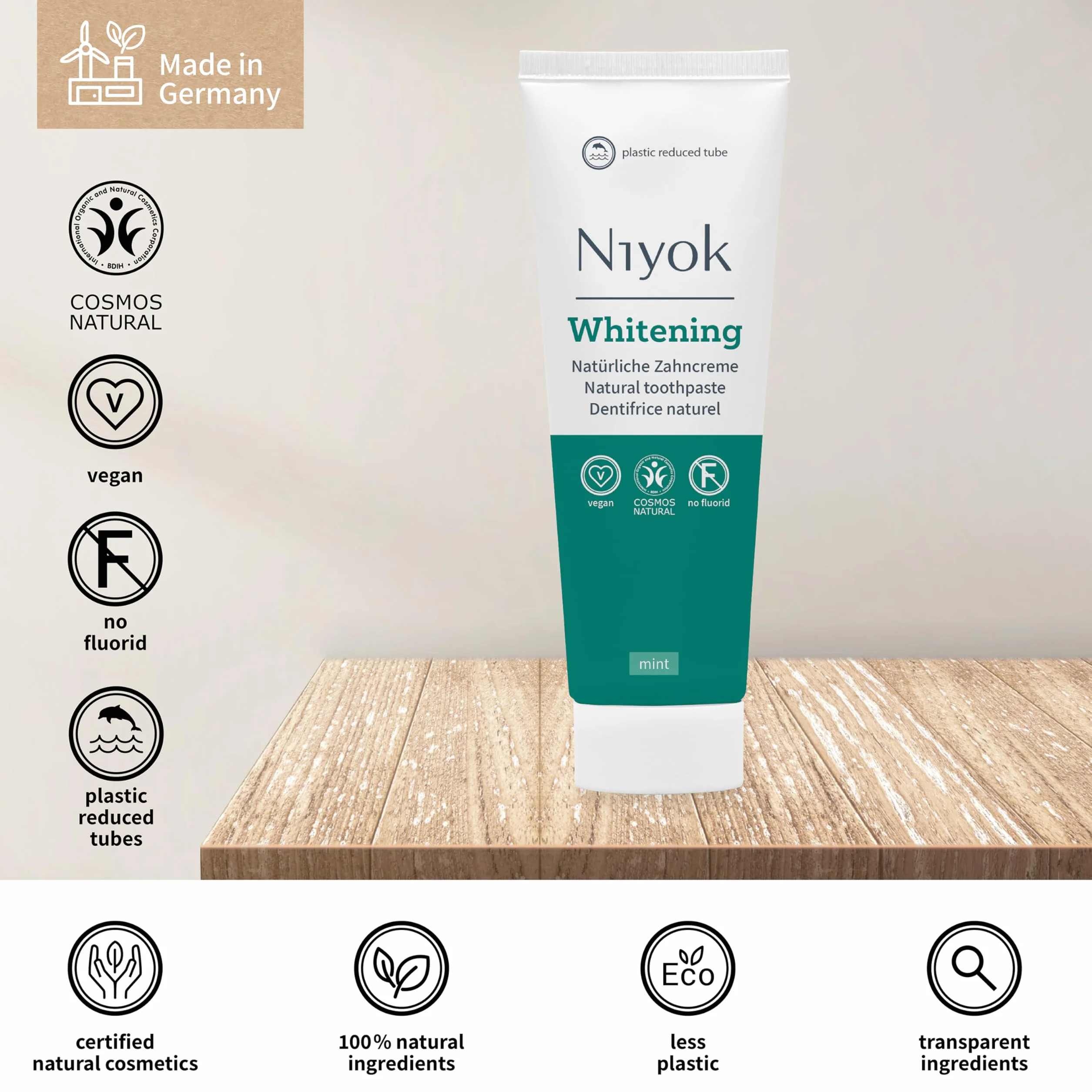 Niyok® Wybielająca pasta do zębów, remineralizująca, naturalna pielęgnacja i świeżość, tubka ze zmniejszoną ilością plastiku, bez fluoru i wegańska, miętowa, 75 ml