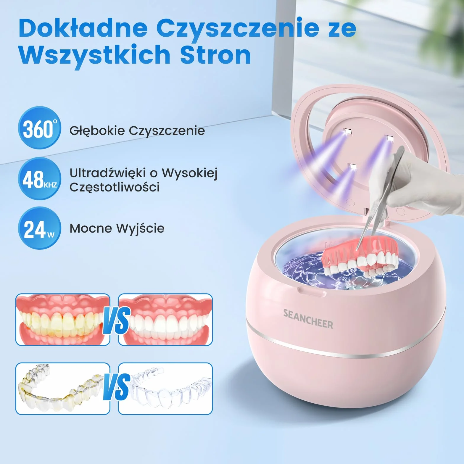 SEANCHEER Urządzenie Do Czyszczenia Ultradźwiękowego | 48000Hz | 24W | 180ML | Czyścik Ultradźwiękowy z lampą UV Do | Protez | Retainerów | Alignerów | Szyn Zębowych | Biżuterii | (Różowy)
