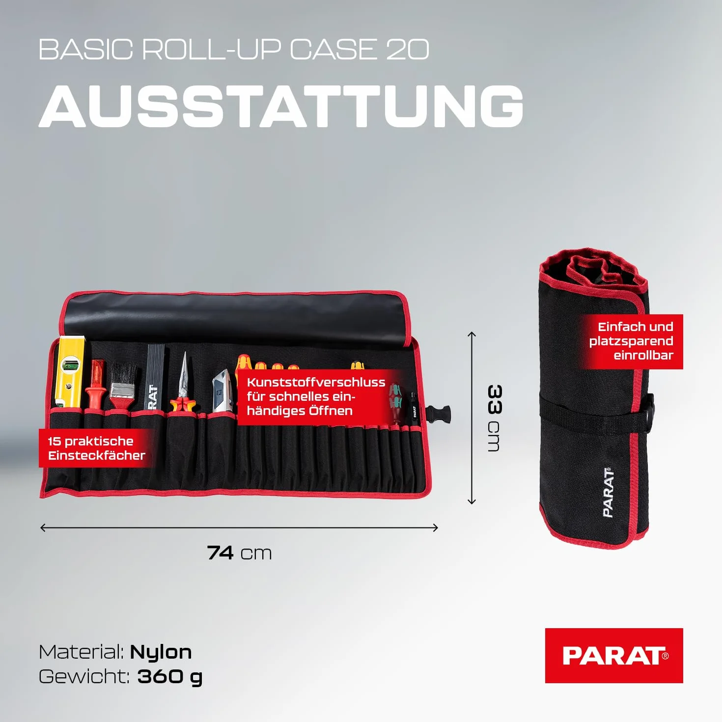 PARAT BASIC Roll-Up Case 20 | zwijana torba na 20 narzędzi z nylonu | kompaktowa torba na narzędzia z zamknięciem wtykowym | pusta rolka na narzędzia dla rzemieślników | torba na narzędzia premium