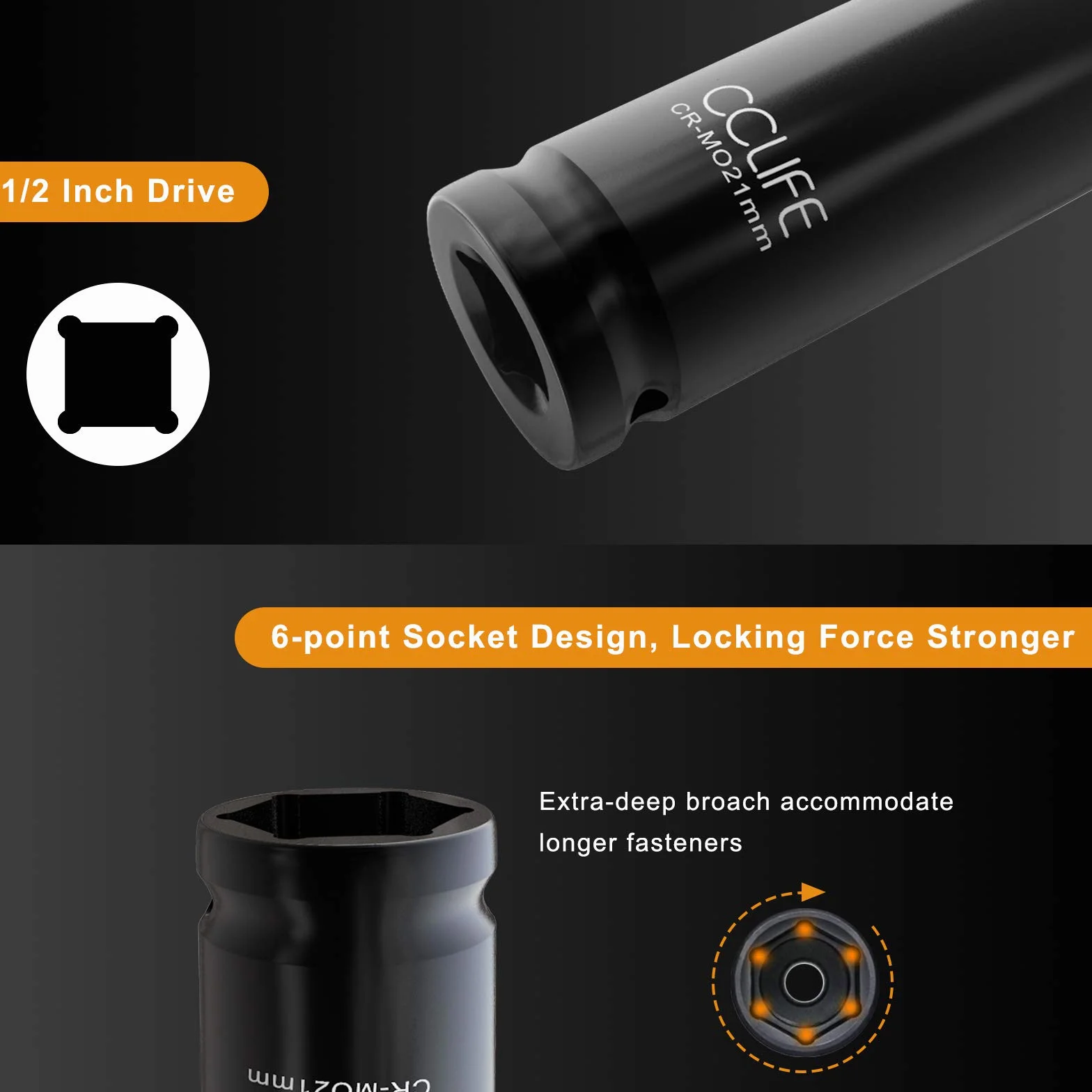 CCLIFE Zestaw nasadek udarowych, głębokie nasadki udarowe 1/2" sześciokątne metryczne 10-32 mm, 16 sztuk