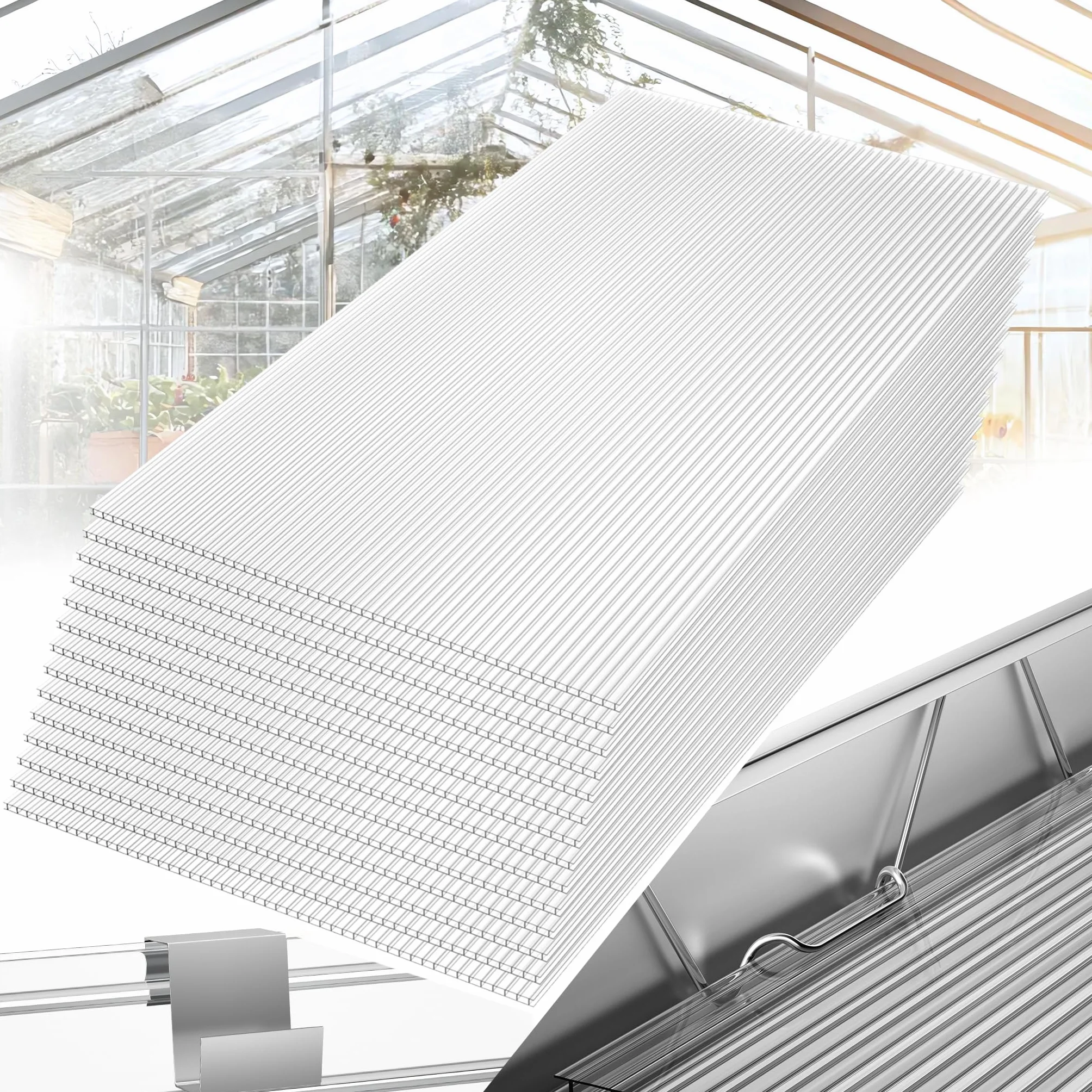 YRHome Płyty komorowe poliwęglanowe, odporne na promieniowanie UV, podwójne płyty komorowe, 605 x 1210 x 4 mm, płyty komorowe do szklarni, z 50 klamrami i 50 klipsami Z