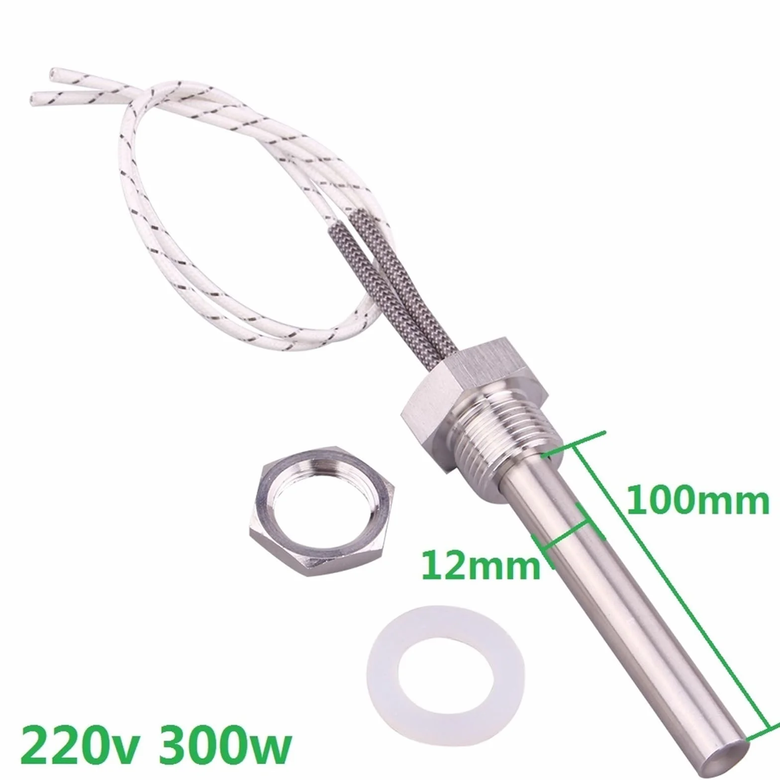 Element grzejny 1/2 ''zanurzona grzałka kasetowa z nakrętką zabezpieczającą 220 V element grzejny 300 w/500 w/800 w/1kw/1,2kw średnica rury wodnej 12mm (Color : 300w 12x100mm, Size : 220V)
