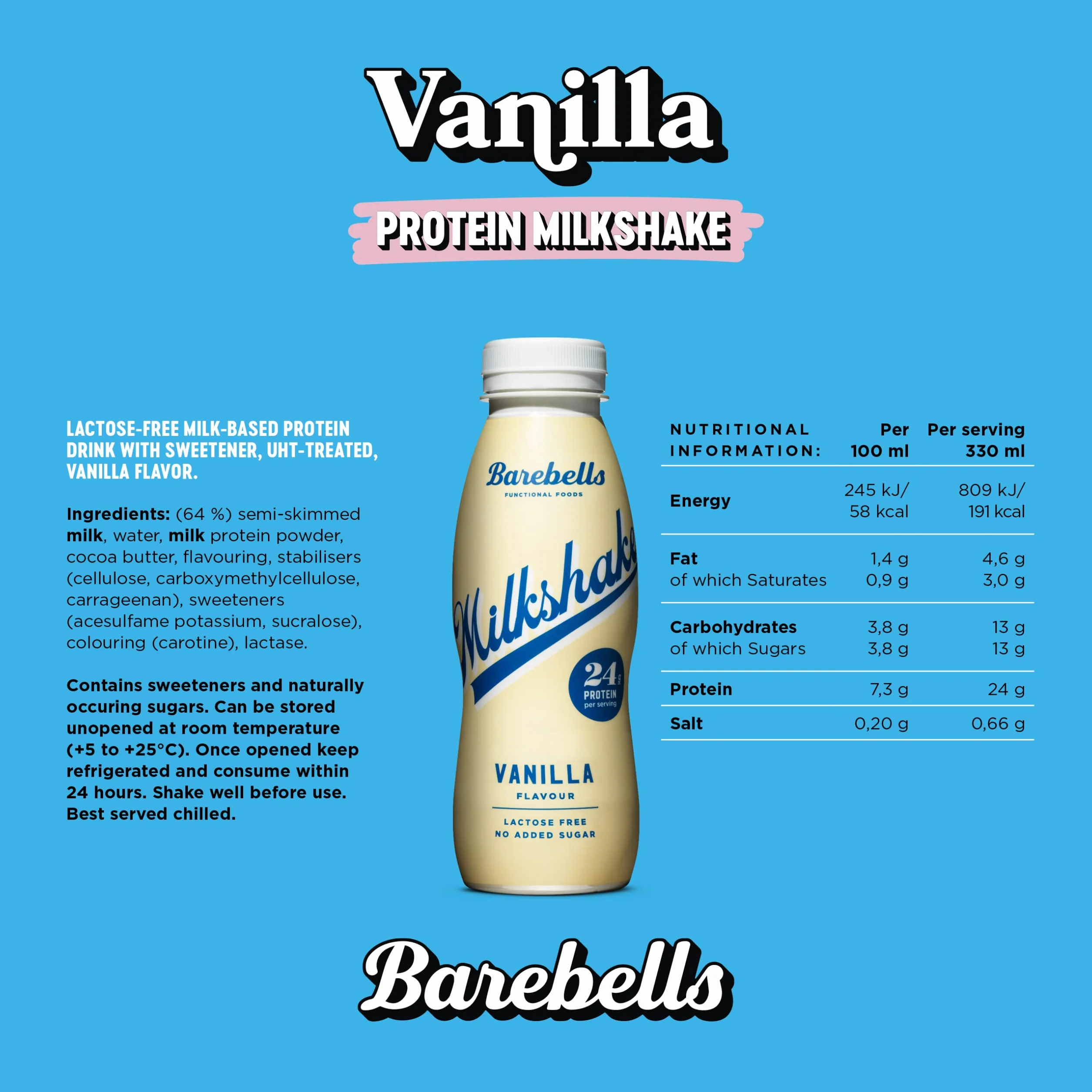 Barebells Milkshake Protein Drink, 8 x 330 ml Vanilla