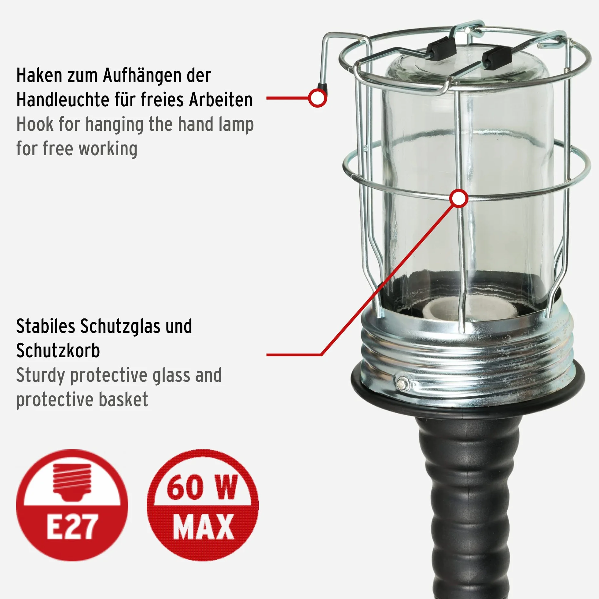 Brennenstuhl Lampa ręczna/lampa warsztatowa z twardej gumy ze stabilnym koszem ochronnym (60 W, 136 mm średnicy, kabel 5 m, Made in Germany), czarna