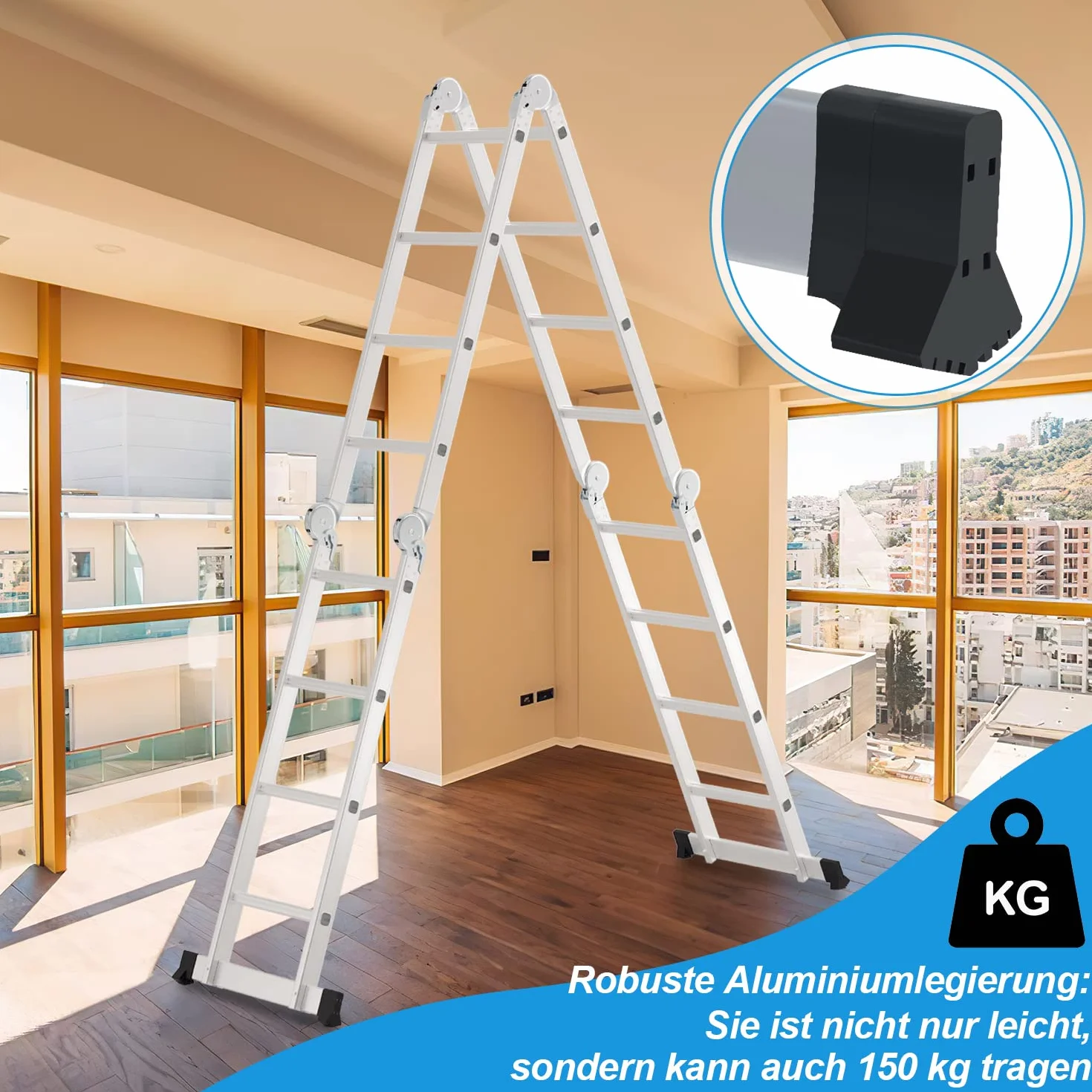 Ikodm 4,7 m 4 x 4 stopnie aluminiowa drabina wielofunkcyjna, z platformą, drabina z 2 płytami rusztowania, drabina do 150 kg, drabina wielofunkcyjna, składana drabina 16 stopni, srebrna
