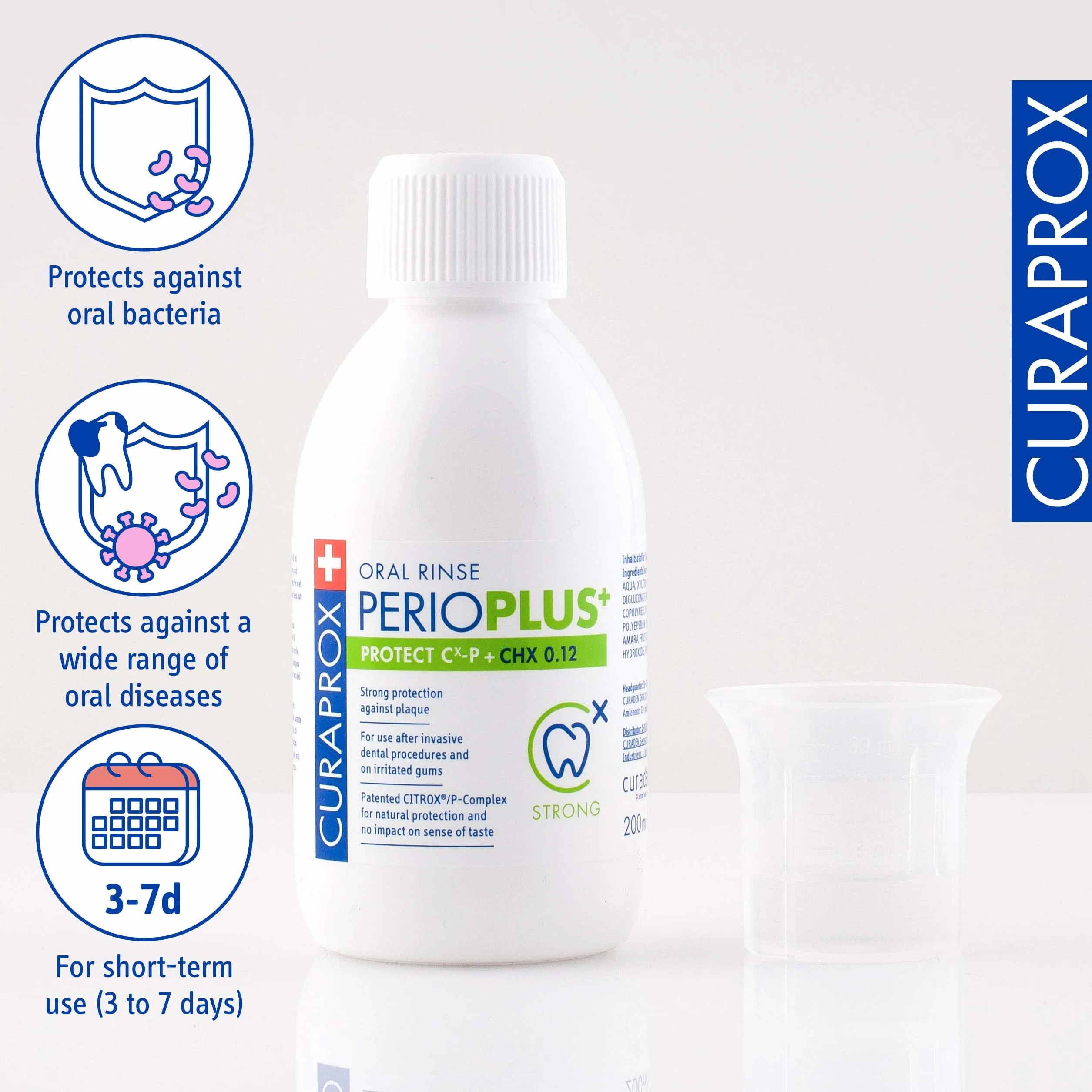 Curaprox Perio Plus Protect płyn do płukania jamy ustnej - Pielęgnacja jamy ustnej w przypadku problemów z dziąsłami/Butelka 200 ml/zaprojektowany w Szwajcarii