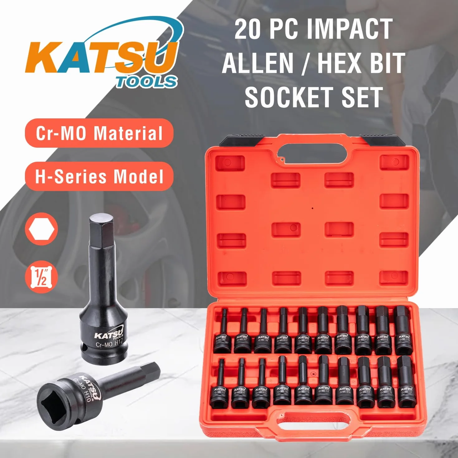 KATSU Tools Zestaw nasadek imbusowych 1/5.1 cm, 20 szt., rozmiar metryczny i imperialny, H6 - H19 i H1/10.2 cm - H3/10.2 cm, stal CR-MO, długość 78 mm 420413