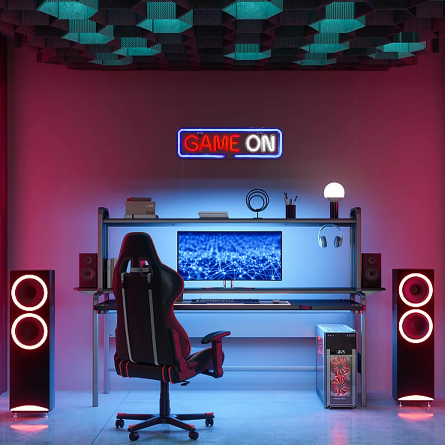 Game On Neon Dekoracja ścienna Gra Led Neon Light USB Akrylowe oświetlenie dekoracyjne do pokoju zabaw, sypialni, domu, baru, gry, konkursu, klubu, na imprezę, prezent urodzinowy (niebieski czerwony)