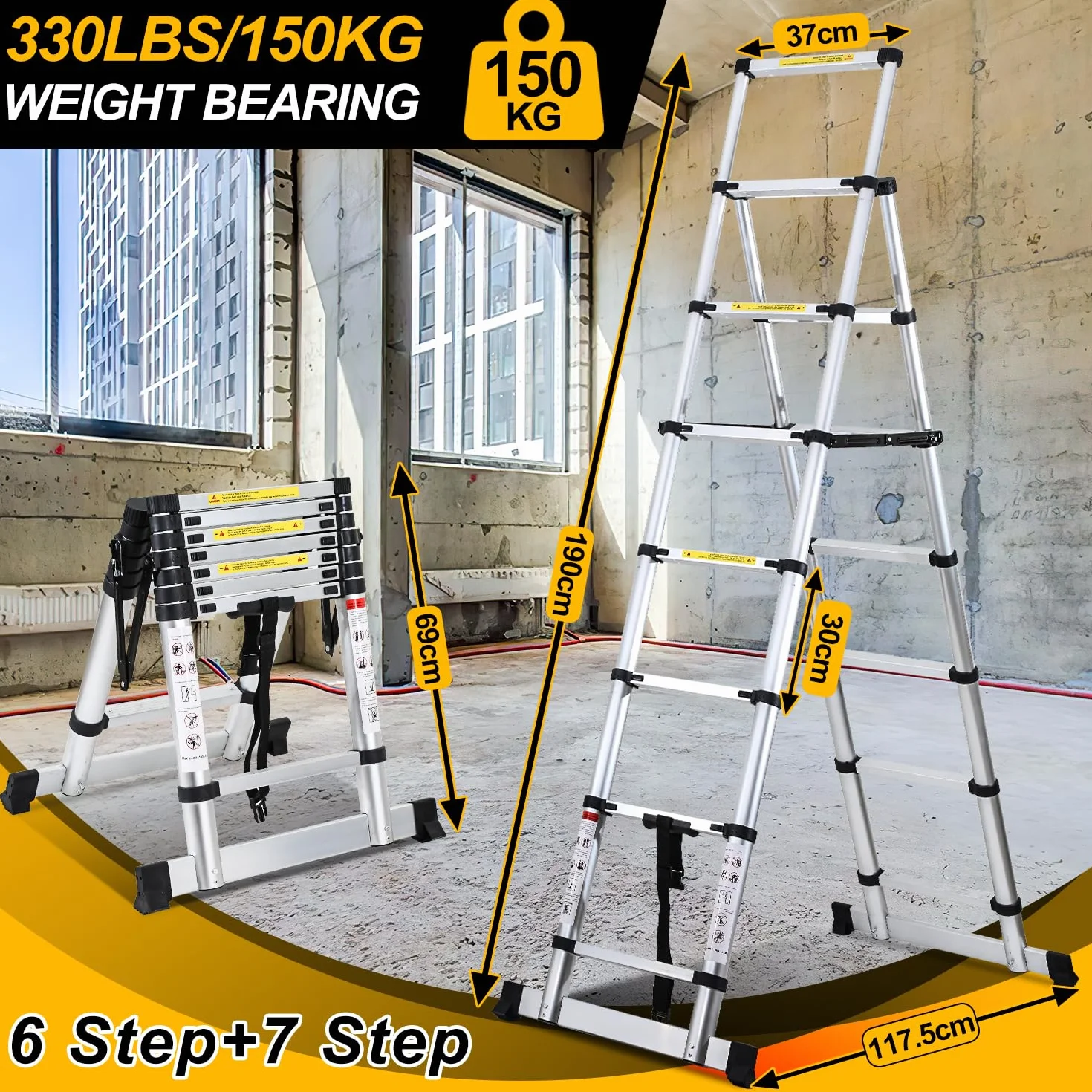 Drabina teleskopowa, składana drabina A-rama, 6 + 7 stopni, maksymalne obciążenie 150 kg, aluminiowa drabina wysuwana do naprawy dachów, składana rozmiar 69 cm