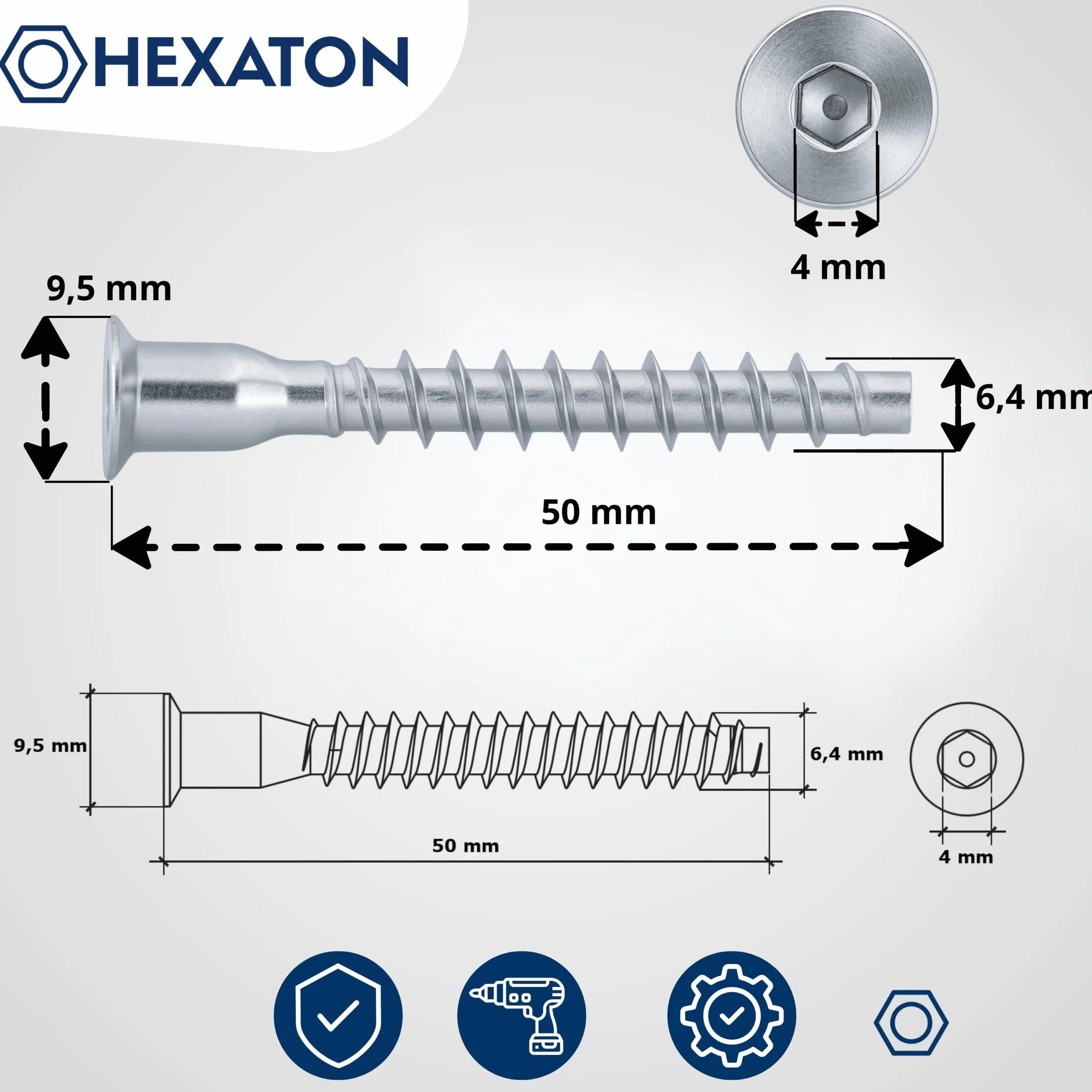 HEXATON Konfirmaty z Łbem Stożkowym Wgłębieniem Imbusowym 6,4 x 50 mm - 100 Sztuk - Ocynk Biały - Gwint na Całości