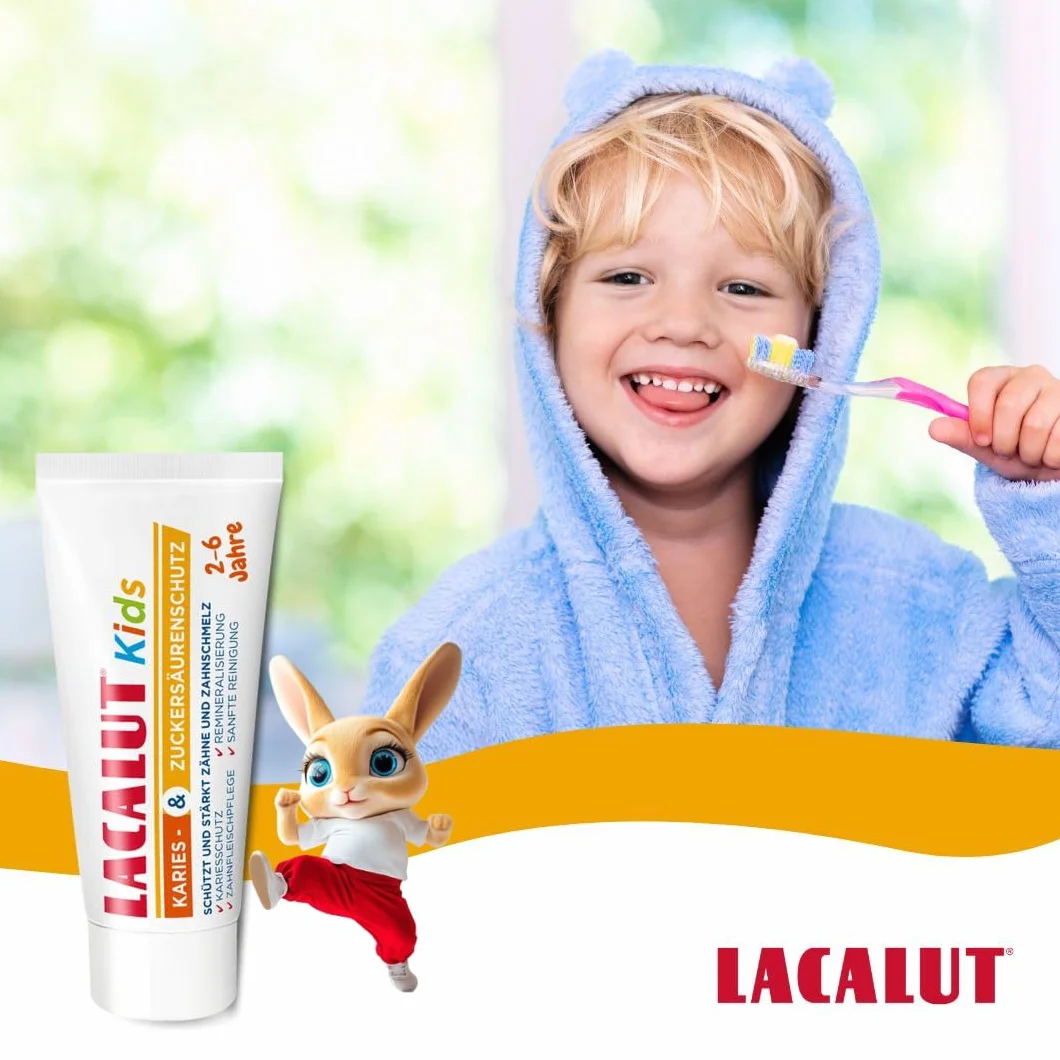 Lacalut Kids 2-6 lat 55 ml – pasta do zębów dla dzieci z wysoce skuteczną ochroną przed próchnicą i kwasem cukrowym – pasta do zębów z technologią 2-fazową i witaminą A+E