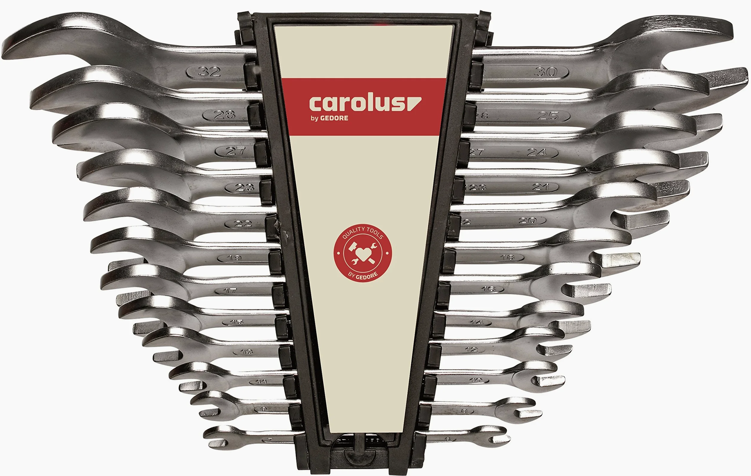 Carolus 0500.0012 zestaw kluczy płasko-płaskich, 12-częściowy, z podwójnym kluczem płaskim, w rozmiarach SW 6-32 mm, przyczepna powierzchnia, w praktycznym uchwycie z tworzywa sztucznego
