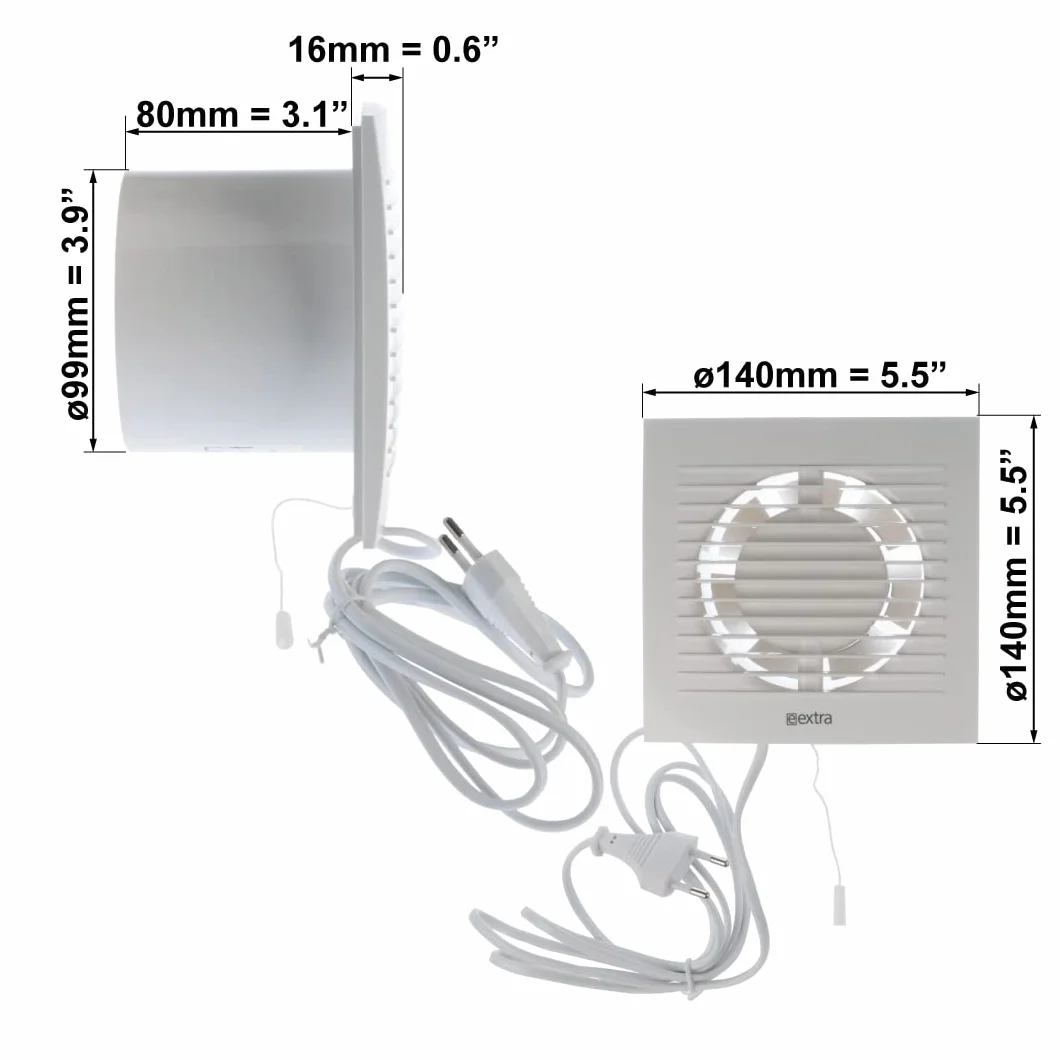 EUROPLAST Ø 100 mm Wentylator Ścienny z Kablem i Przełącznikiem - do Kuchni, WC, Łazienki - Biały