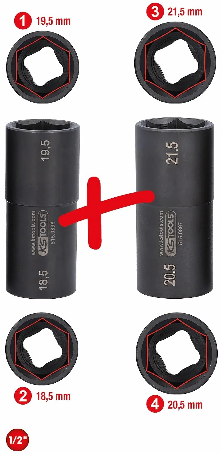 KS Tools 515.0895 1/2" Specjalny zestaw udarowych nasadek do alufelg do Forda, 18,5 / 19,5 / 20,5 / 21,5 mm, 2-szt.
