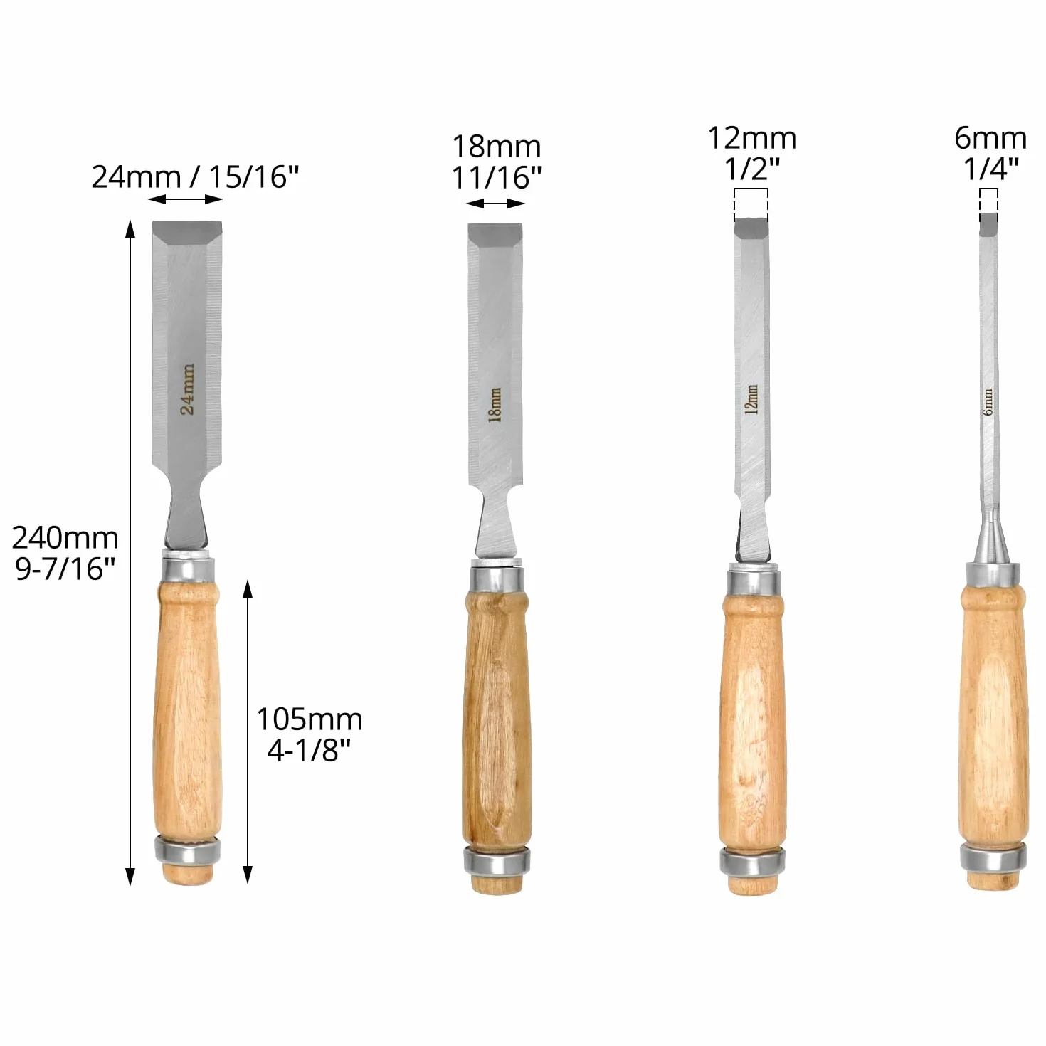 QWOR 4-częściowy zestaw dłut do drewna – ostre dłuto zestaw 6, 12, 19, 24 mm – z ergonomicznym uchwytem i nasadką