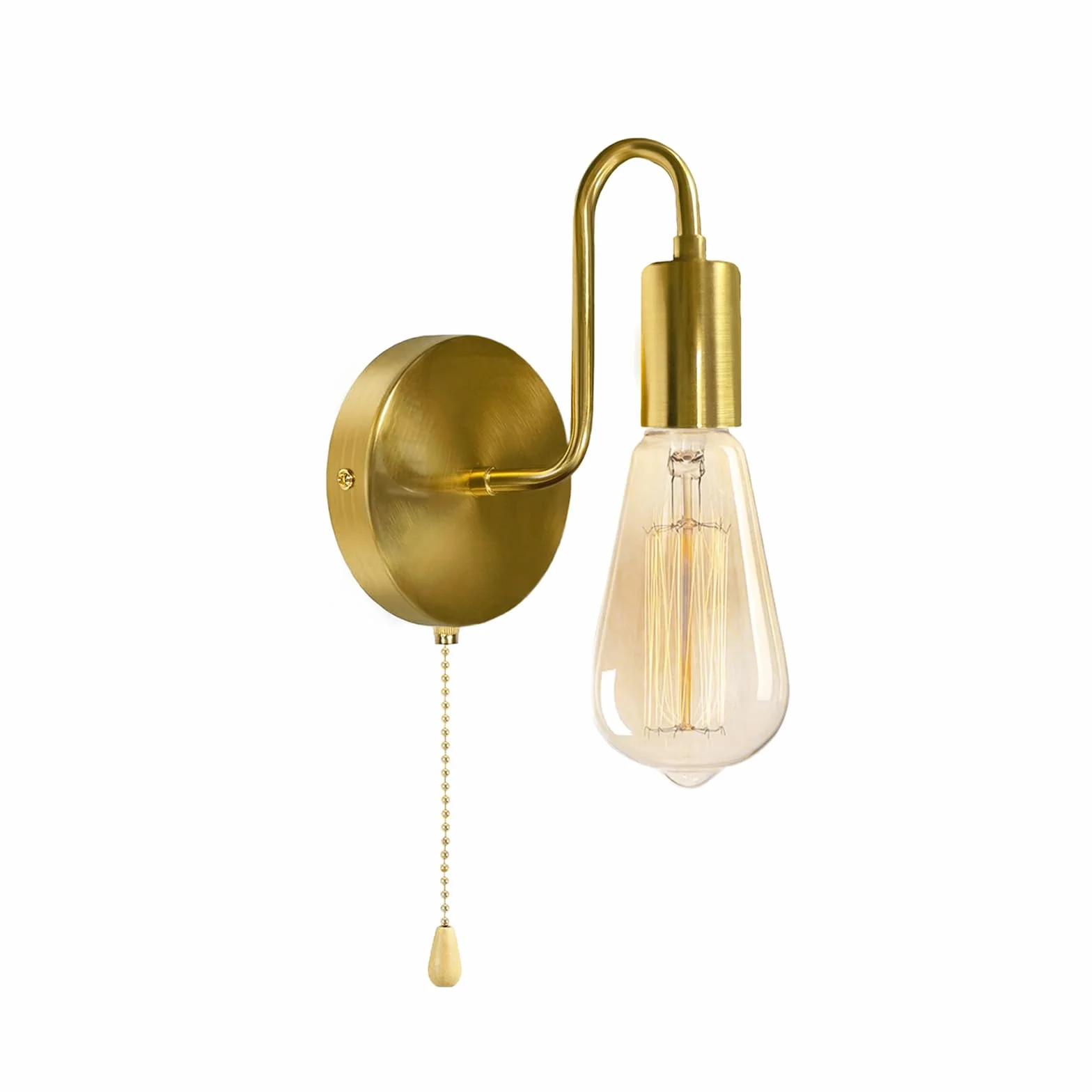 Lampa ścienna E27 metalowa vintage z przełącznikiem pociągowym złota
