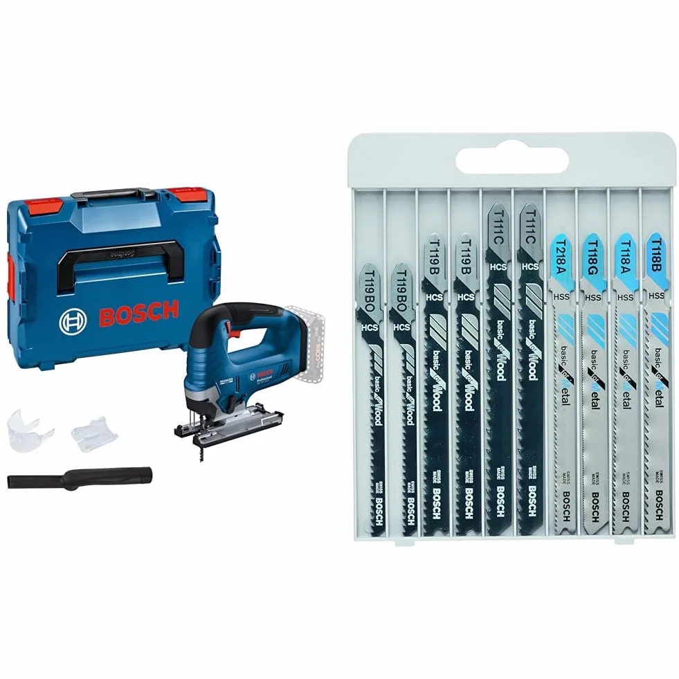 Bosch Professional 18 V System wyrzynarki akumulatorowej GST 18 V-125 B & Bosch Professional Zestaw 10 brzeszczotów Basic (metal i drewno, akcesoria do wyrzynarki z uchwytem T)
