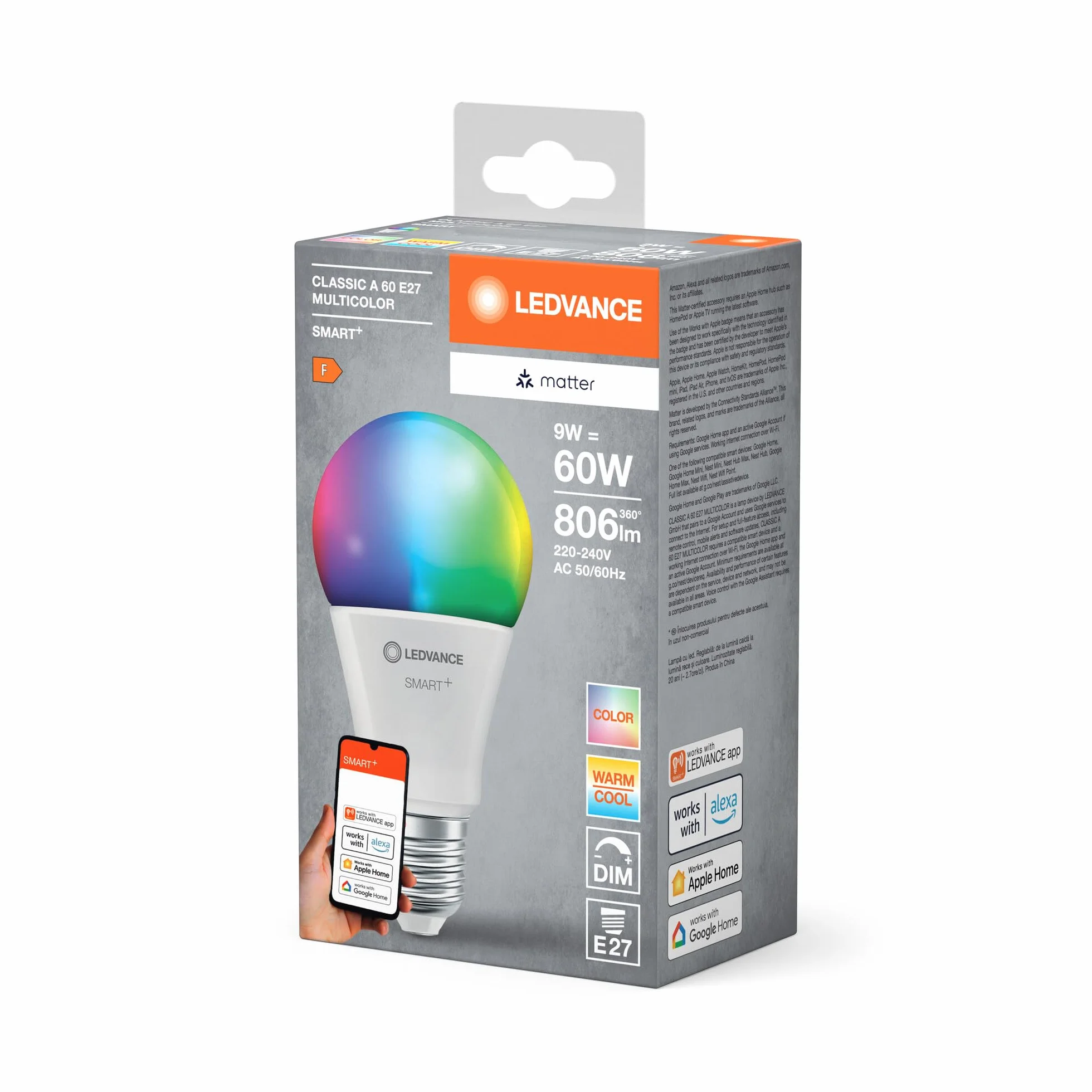 LEDVANCE Lampa LED SMART+ MATTER E27 9W 806lm biała matowa kompatybilna z Google Alexa Apple pakiet 4