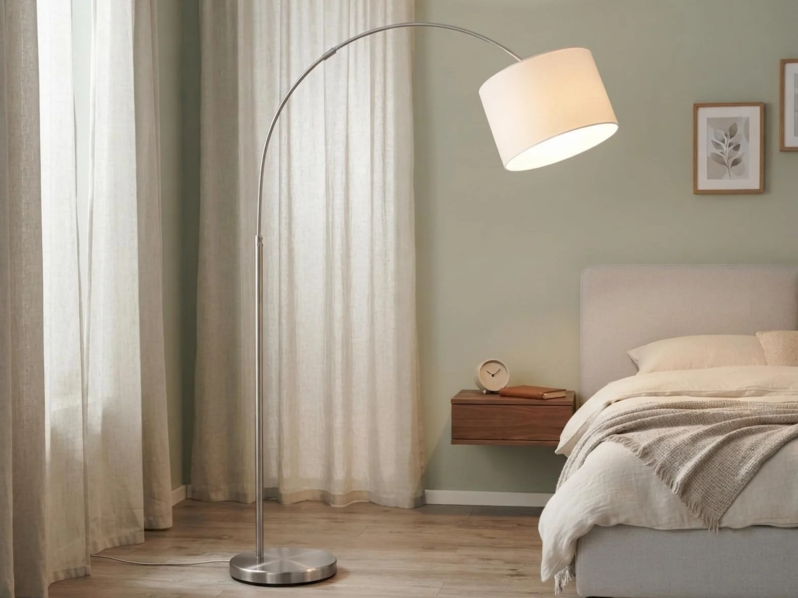 meineWunschleuchte Lampa łukowa z regulacją wysokości z abażurem z materiału w kolorze białym, maks. wysokość 215 cm