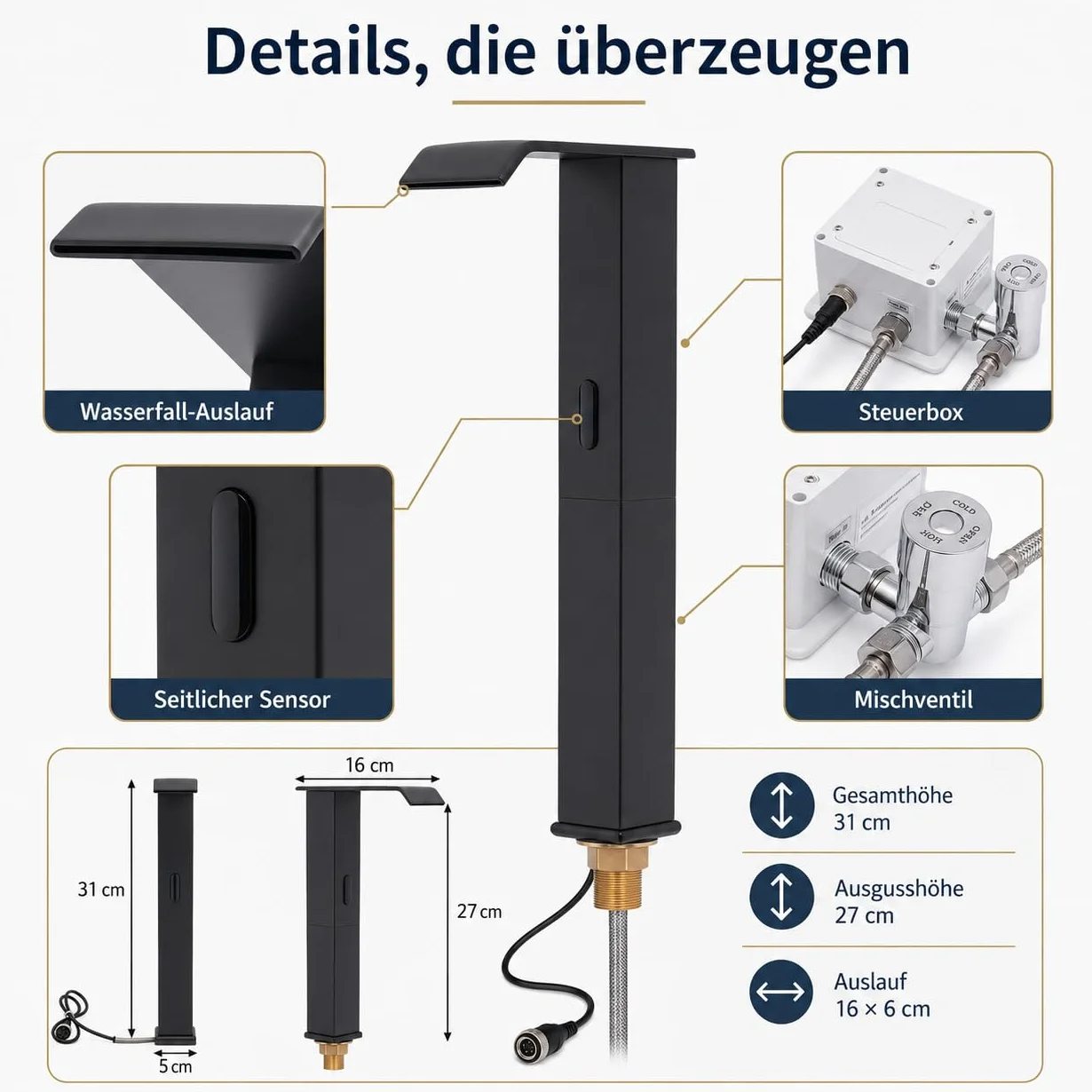 Bateria łazienkowa z czujnikiem podczerwieni, automatyczna bateria łazienkowa, bezdotykowa bateria umywalkowa, indukcyjna bateria umywalkowa, armatura umywalkowa z czujnikiem, wysokość wylewki 270 mm