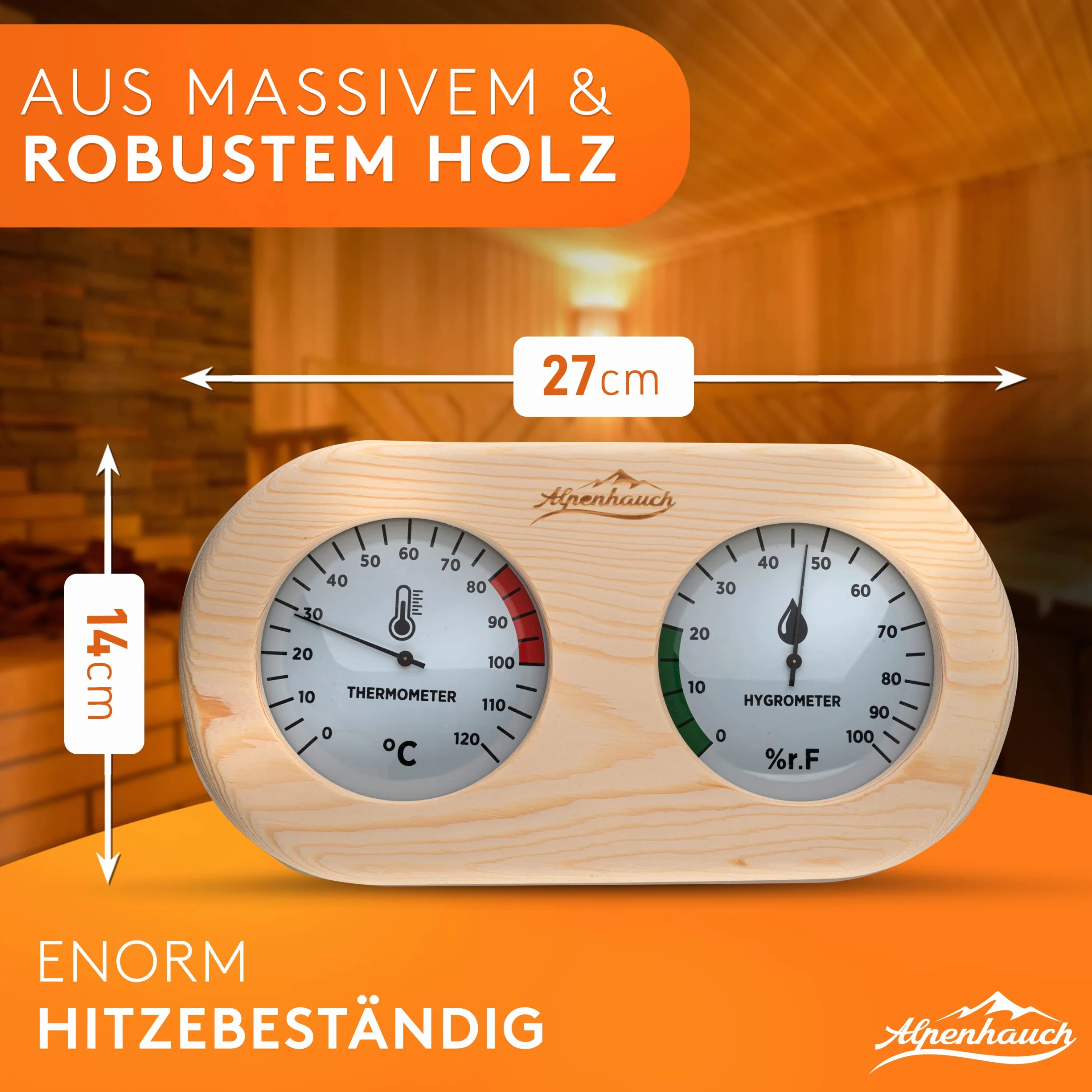 ALPENHAUCH Termometr Hygrometer do Sauny Drewno 2w1 z Hartowanym Szkłem Automatyczna Kalibracja