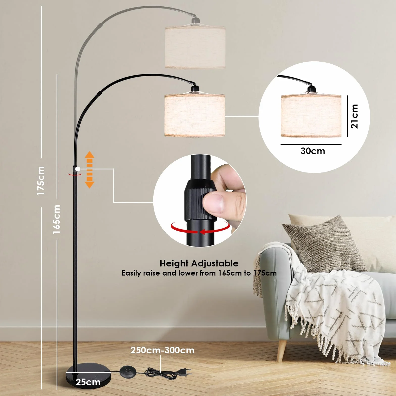 CCLIFE Stehlampe z możliwością ściemniania do salonu, lampa łukowa LED E27, lampa do czytania 60W 2700-6000K, przełącznik nożny, obracana o 360° głowica lampy, beżowa, z regulacją wysokości 165cm