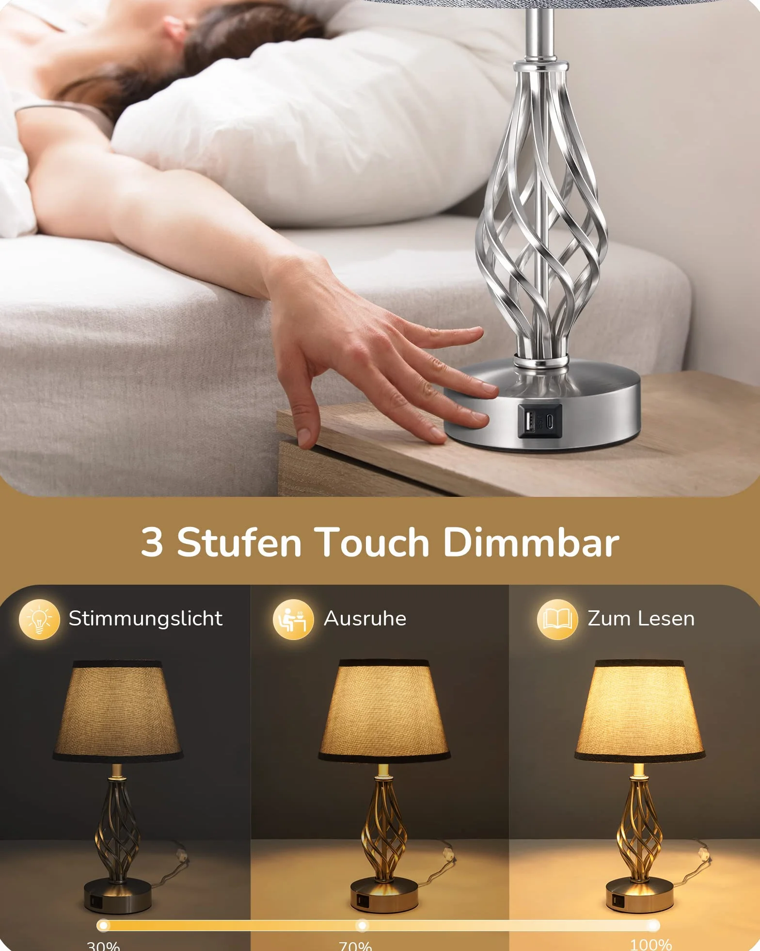 EDISHINE Lampka nocna LED, dotykowa, ściemniana, zestaw 2 szt., nowoczesna lampa stołowa z funkcją ładowania, 2 porty USB, do dekoracji sypialni, salonu, na parapet, prezent, abażur lniany, szara