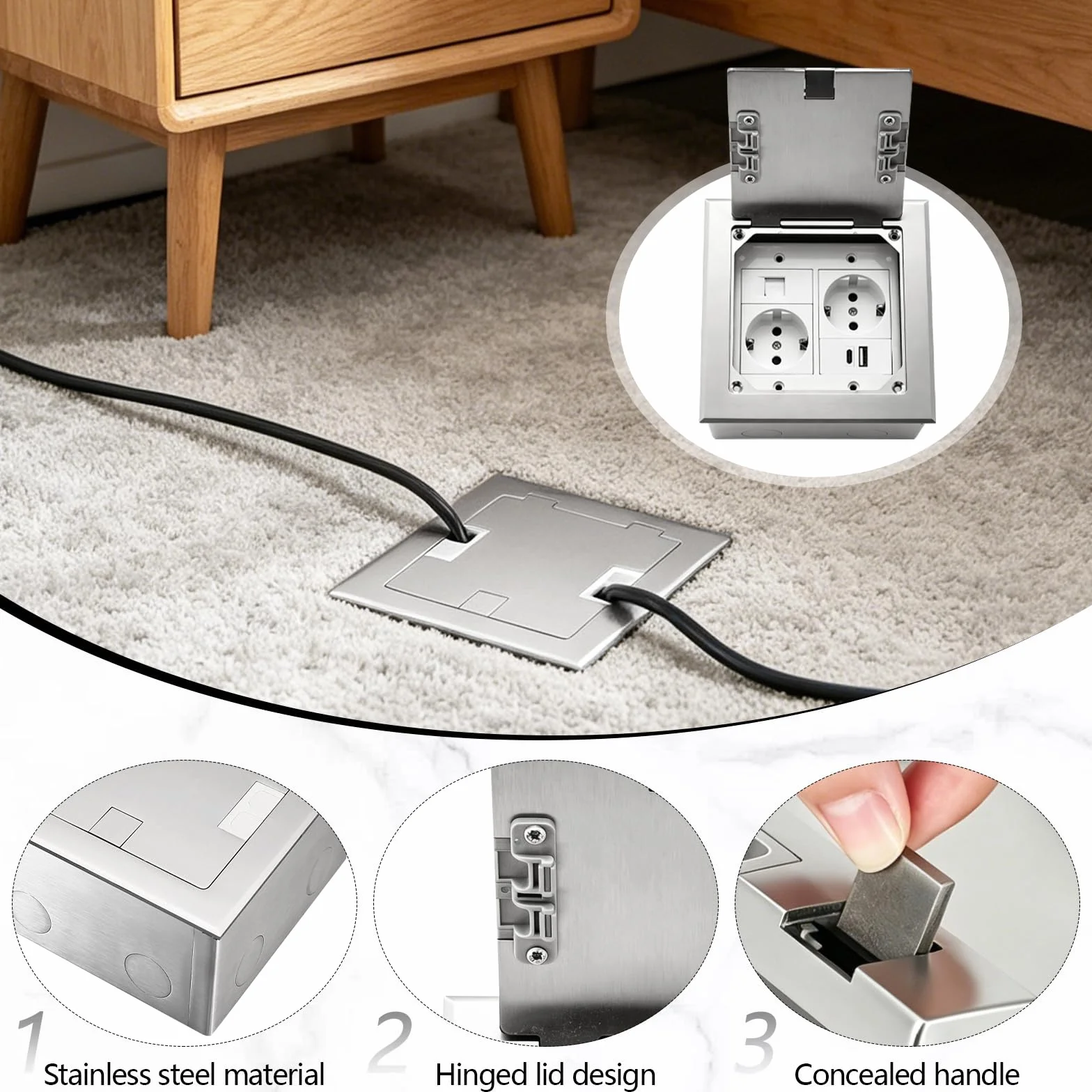 Gniazdo podłogowe do zabudowy, czarne, ze stali nierdzewnej, wodoszczelne, 2 AC + 1 USB + 1 RJ45, wpuszczane gniazdko podłogowe