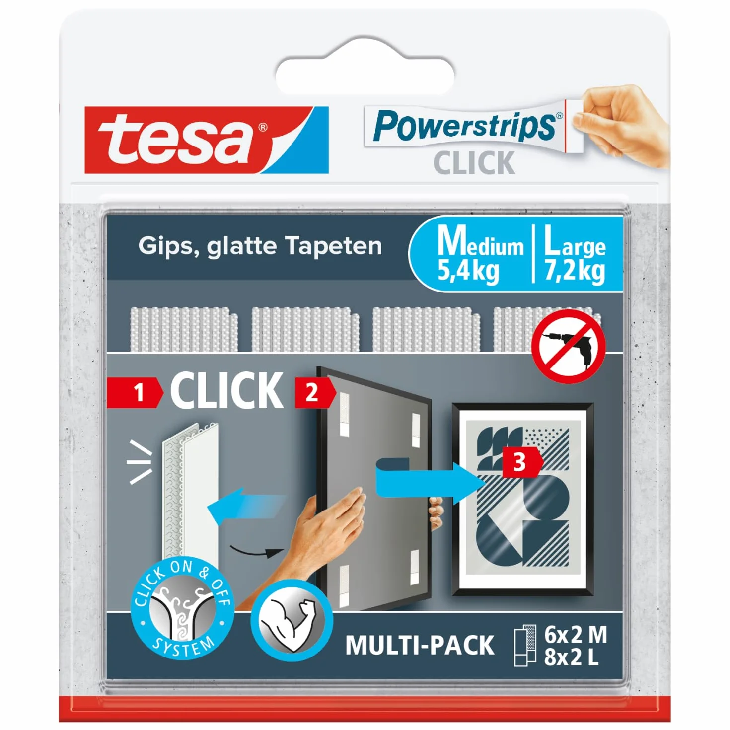tesa Powerstrips CLICK samoprzylepne paski do mocowania i odczepiania ramek na zdjęcia i dekoracji ścian bez wiercenia, paski samoprzylepne z systemem zatrzaskowym ON i OFF, 6 x 2 m, 8 x 2 l
