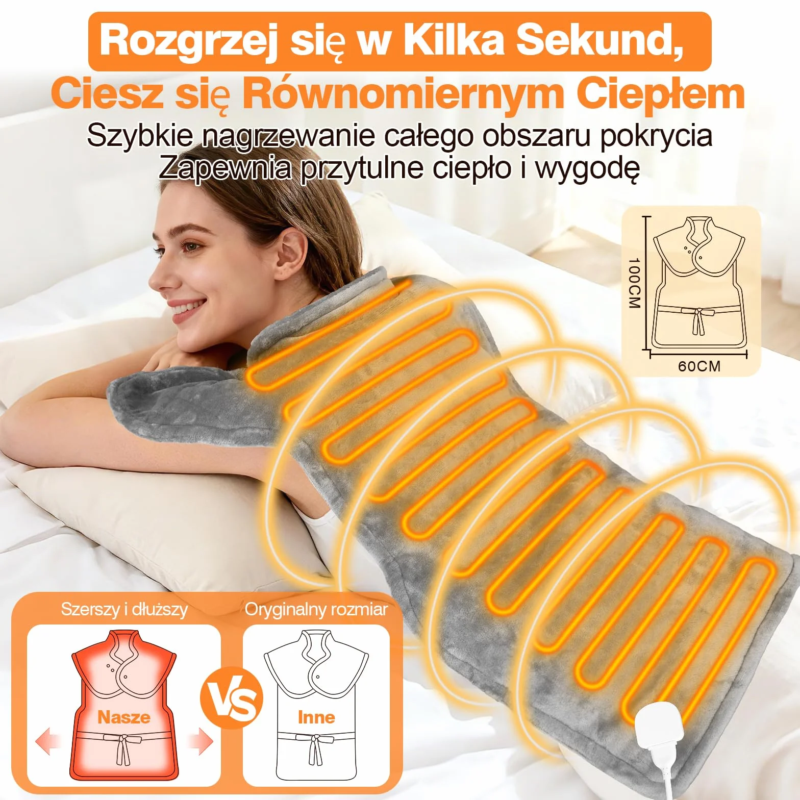 Poduszka Grzewcza na Plecy 60x100 cm 9 Poziomów Temperatury 4 Ustawienia Timera Automatyczne Wyłączanie Ochrona Przed Przegrzaniem Flaneela