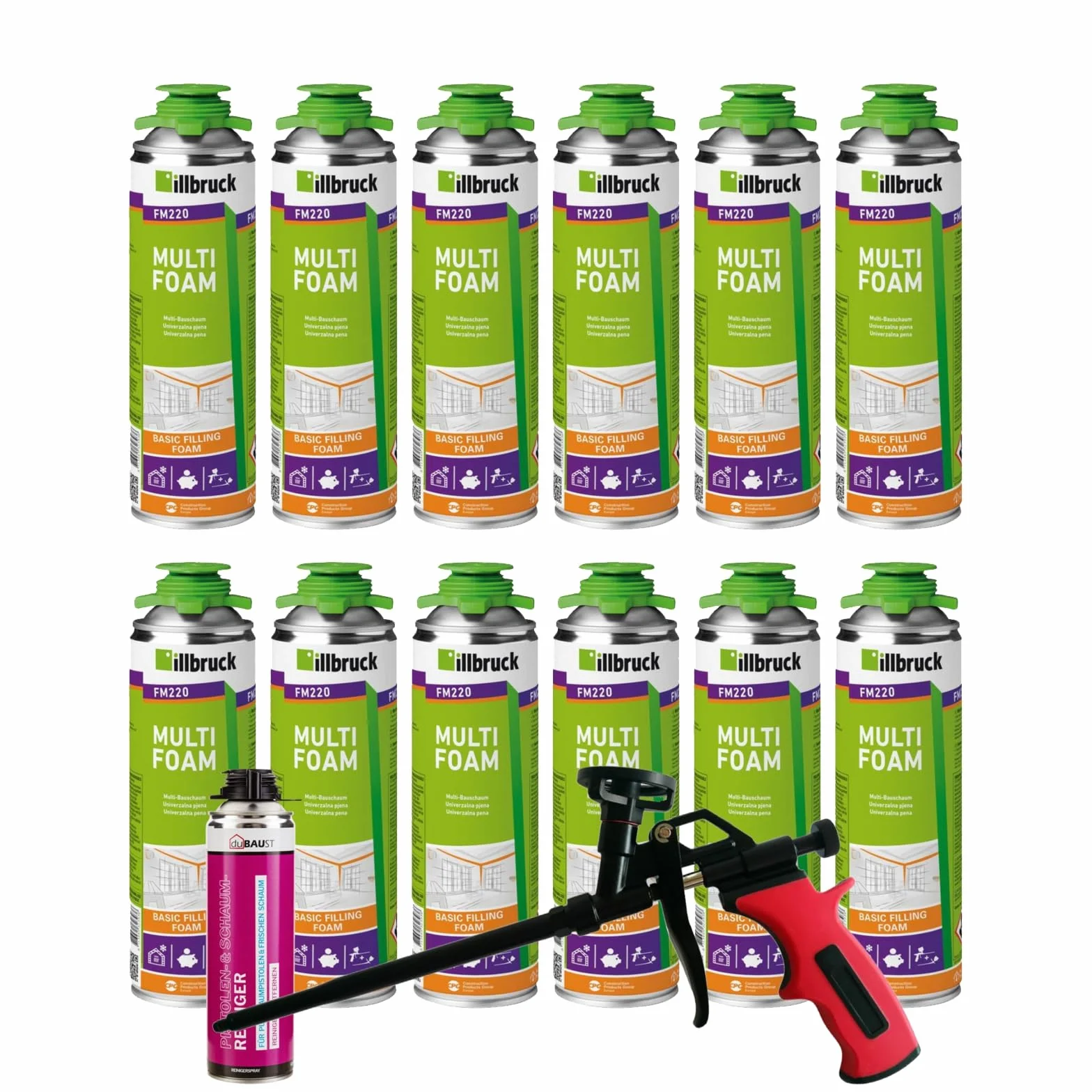 FM220 Pianka konstrukcyjna, pianka montażowa, pianka do pistoletów, pianka wielofunkcyjna, pianka okienna, wysoka izolacja akustyczna, izolacja cieplna, 500 ml, zestaw kombinowany (ze środkiem