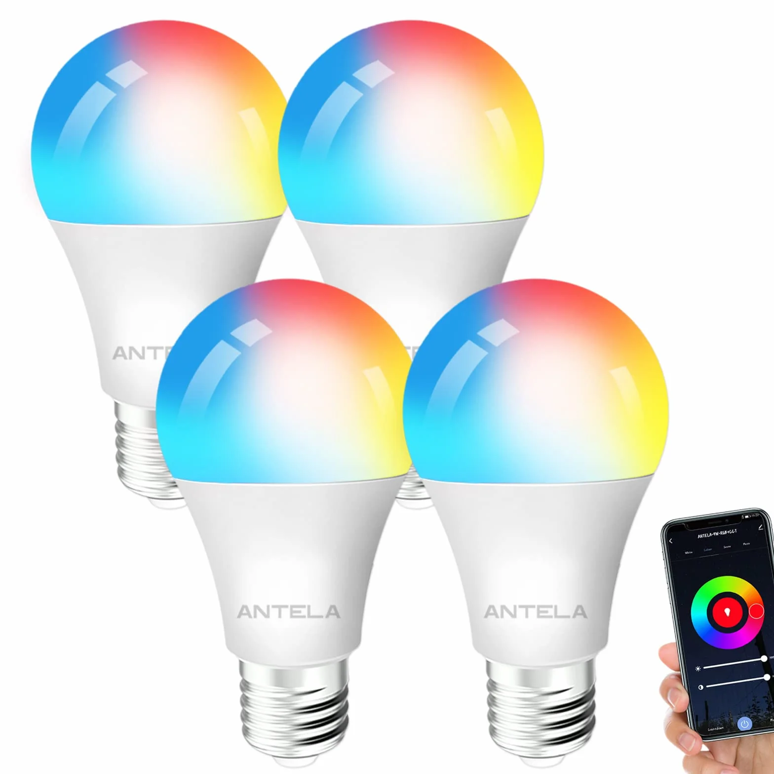 Smart Bulb Żarówka Alexa E27 Smart LED 4 sztuki, ściemniana lampa ANTELA Smart, 9 W, 806 ml, odpowiednik 80 W, RGB, 2700 K - 6500 K, ciepła biel, kompatybilna z Alexa i Google Home