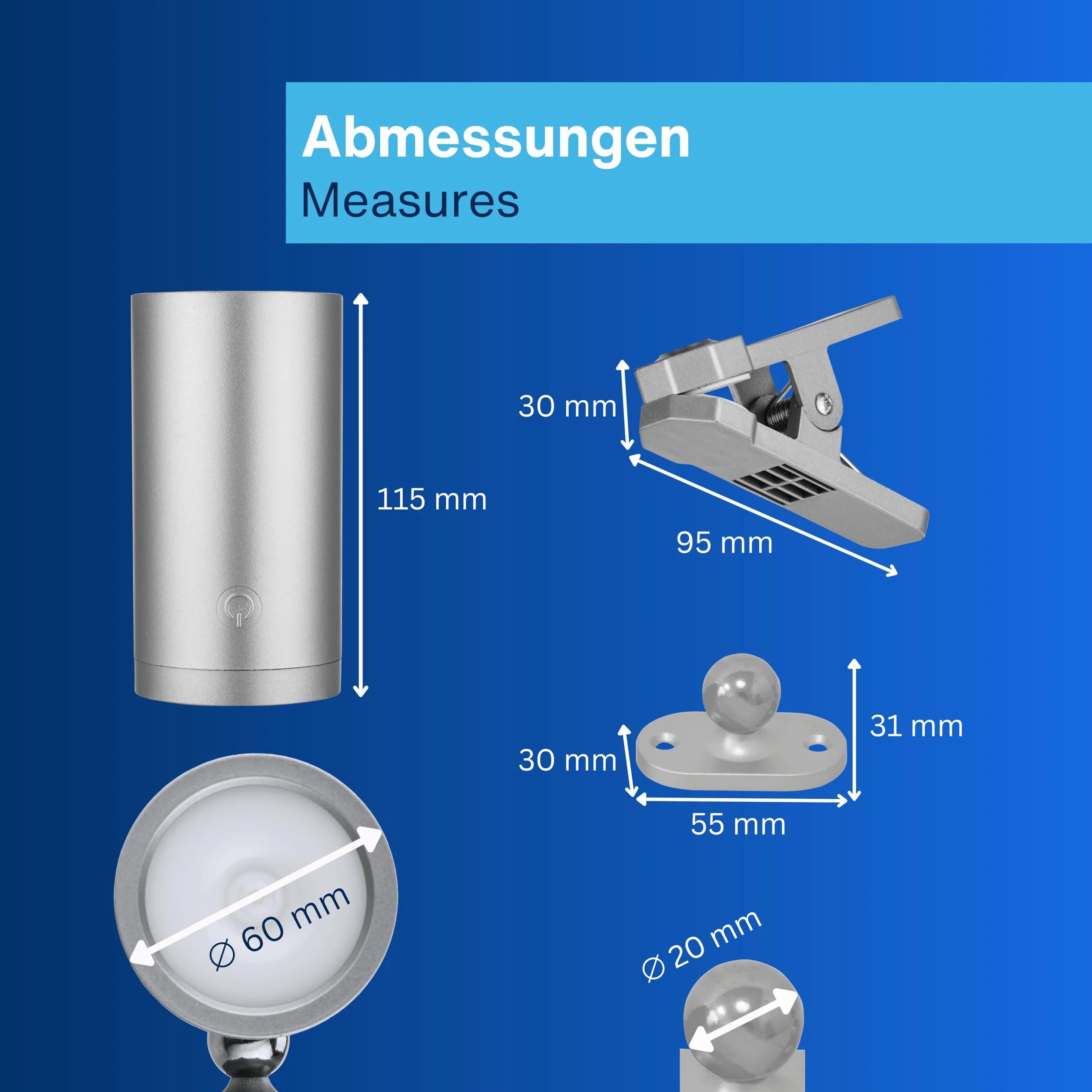REV Lampa ścienna LED z akumulatorem i czujnikiem ruchu, 180 lm, bezprzewodowa, ściemniana, obracana o 360°, idealna na kemping, do garażu, piwnicy, IP54, srebrna
