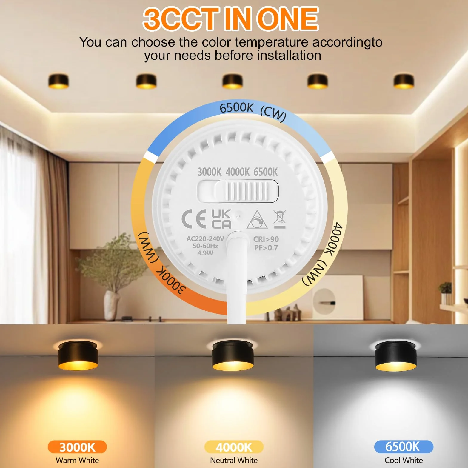 KYOTECH Oświetlenie sufitowe LED, zestaw 4 czarno-złotych wpuszczanych diod LED, możliwość ściemniania, 3000 K-6500K, ciepła biel 500 lm, otwór 65-68 mm, do kuchni, sypialni, salonu