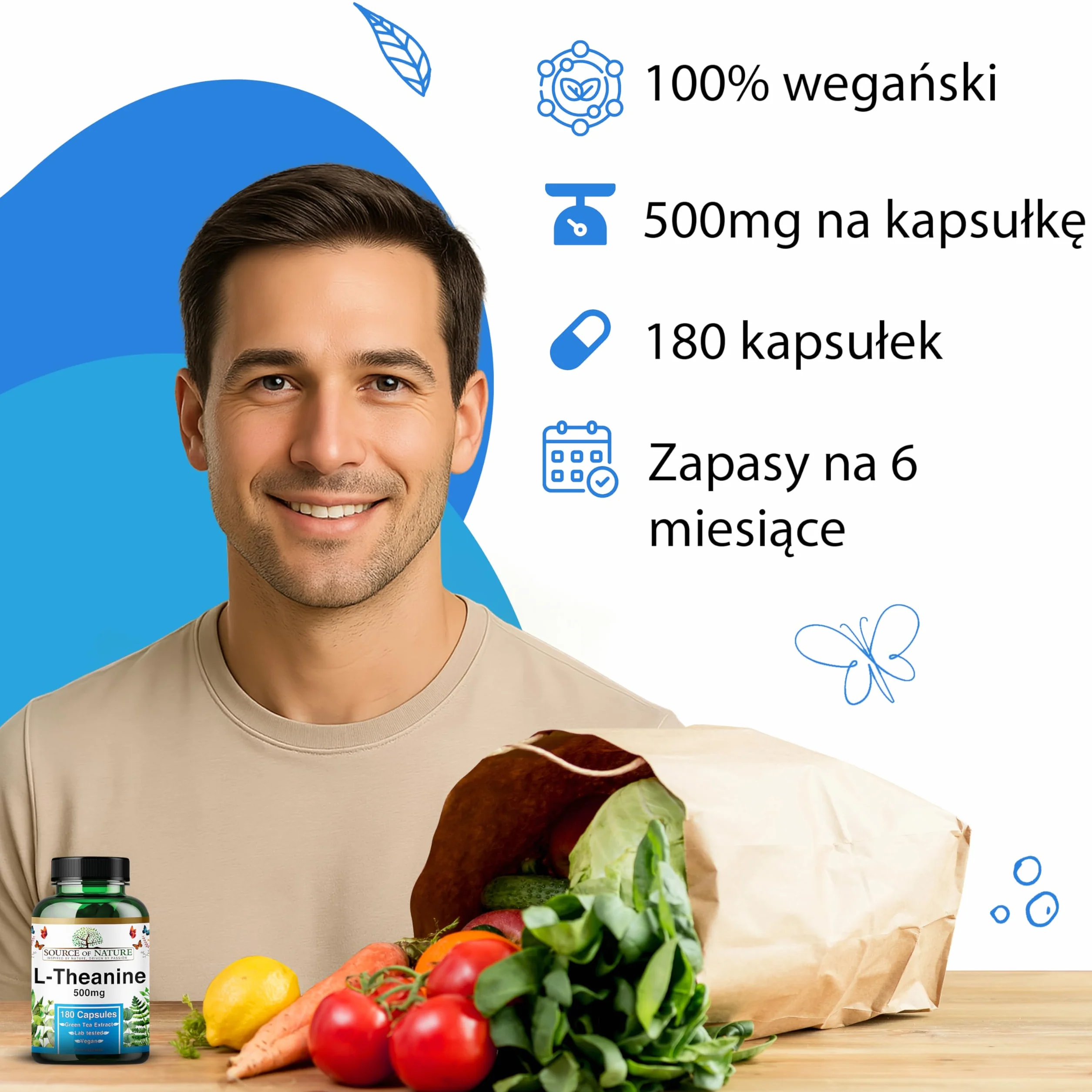 L-Teanina 500 mg – 180 Wegańskich Kapsułek – Wysoka Dawka Aminokwasu z Zielonej Herbaty | 6-Miesięczny Zapas | 98% Czystości, Bez Dodatków | Wyprodukowano w Danii