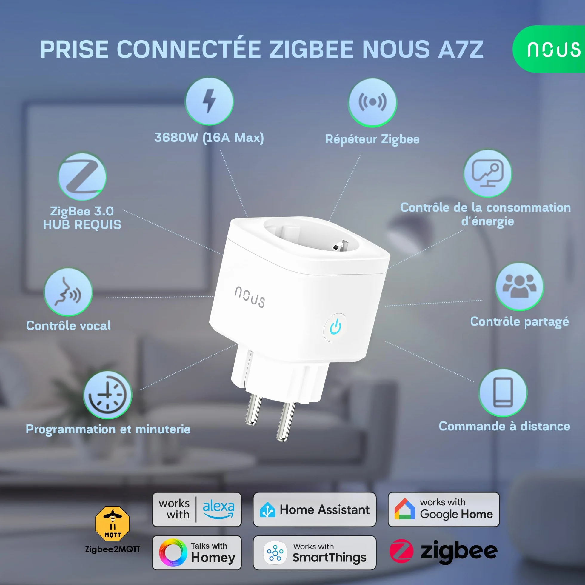 A7Z ZigBee Inteligentne Gniazdko z Monitorowaniem Energii, 16A, Sterowanie za Pomocą Aplikacji i Głosu, Timer, Kompatybilne z Alexa,Google Home,Home Assistant,Tuya, Wymagany Hub ZigBee, 4Pack
