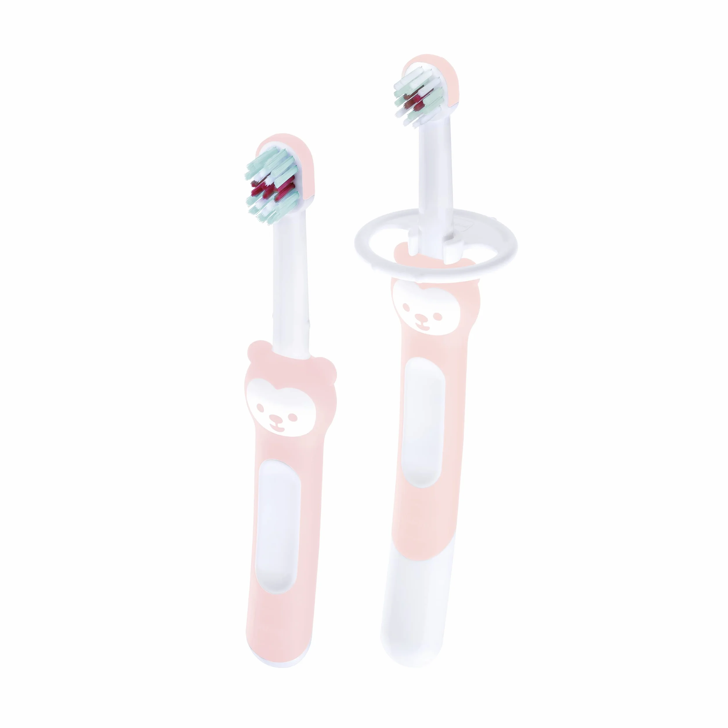 MAM Learn to Brush Set, szczoteczka do zębów dla niemowląt z długim uchwytem do wspólnego trzymania, szczoteczka do zębów dla dzieci trenuje mycie zębów, od 5+ miesięcy, różowa